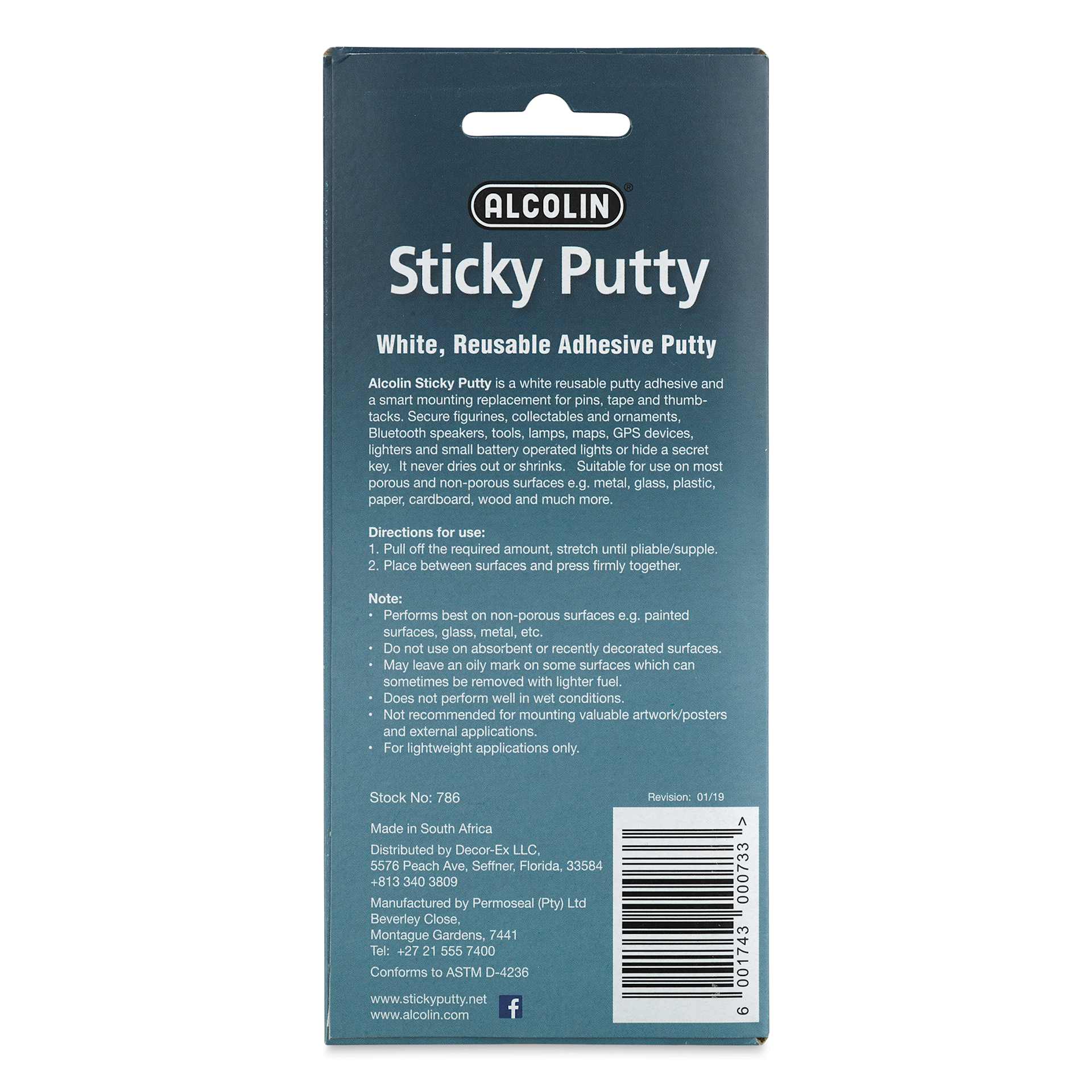 Alcolin Sticky Putty - Museum, 3 oz (Back of package)