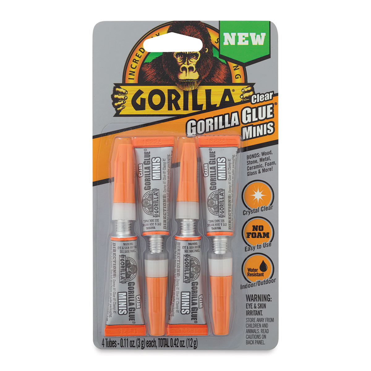 Gorilla Clear Glue - Front of blister package showing 4 mini tubes of Glue