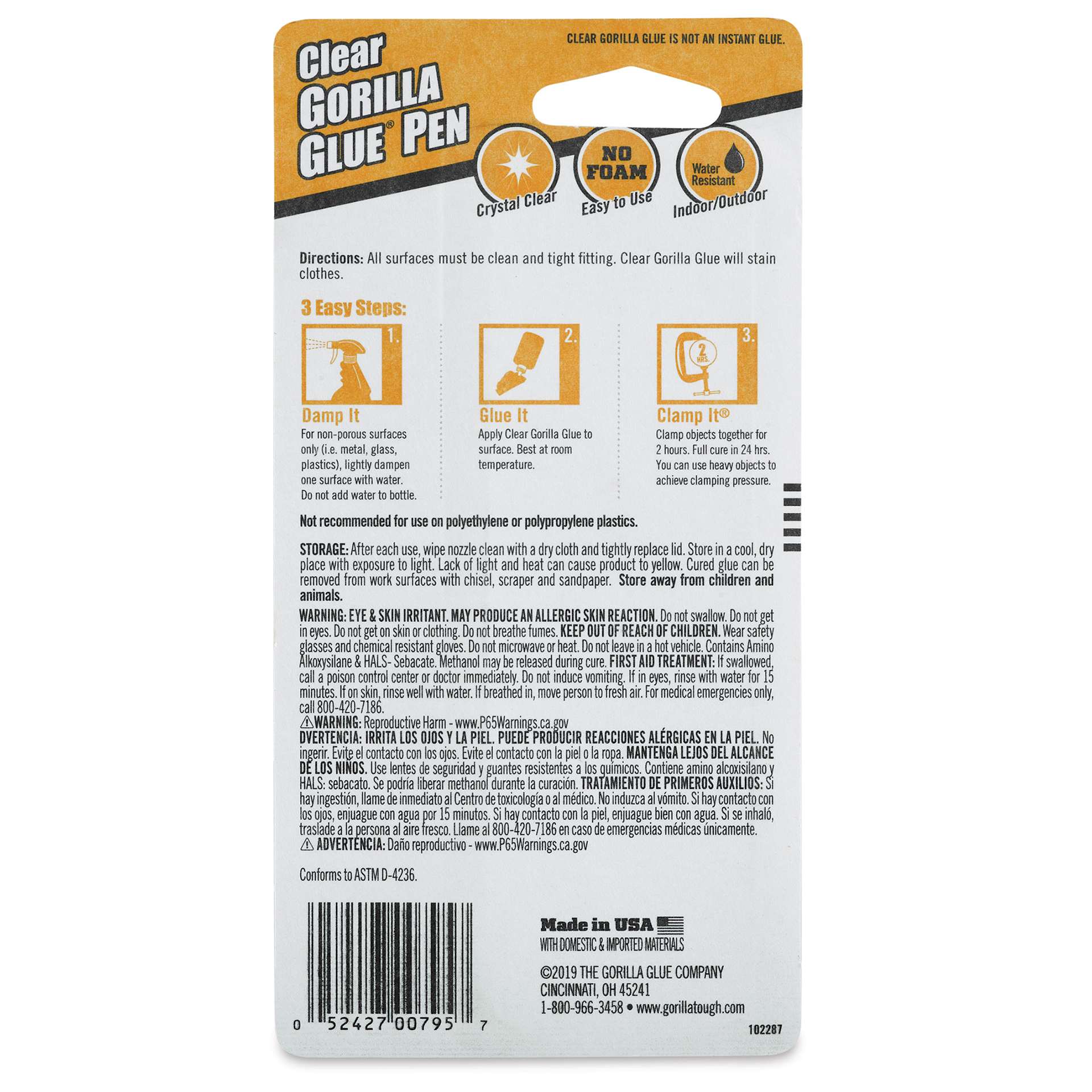 Gorilla Clear Glue - Pen, 0.75 oz (Back of package)