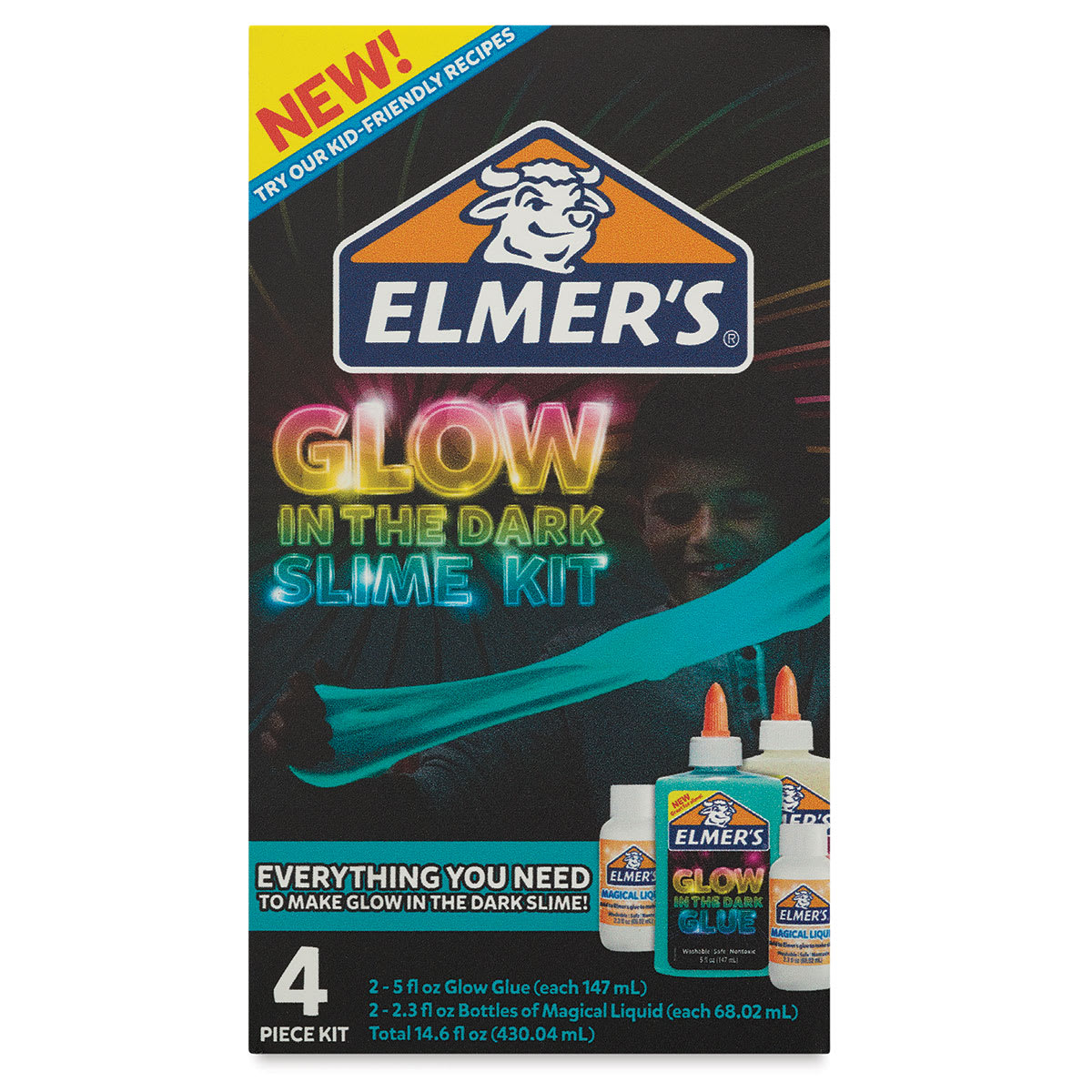 Elmer's Glow in the Dark Slime Kit, Natural and Blue Colors - Front of package  