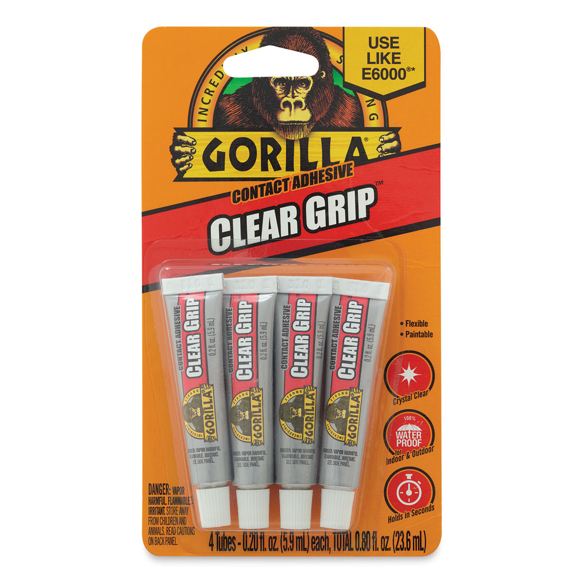 Gorilla Clear Grip Glue - Front of blister package of 4 tubes

