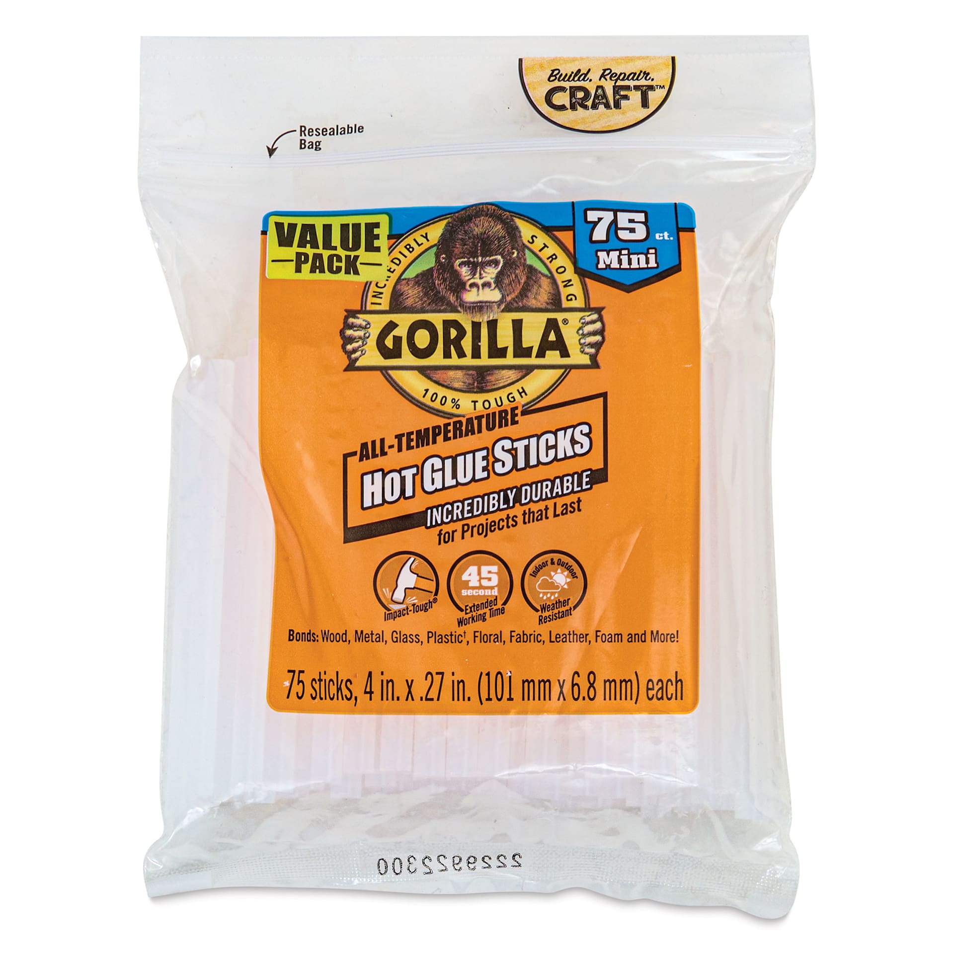 Gorilla Glue Mini Hot Glue Sticks - Pkg of 75, 4" (Front of package)