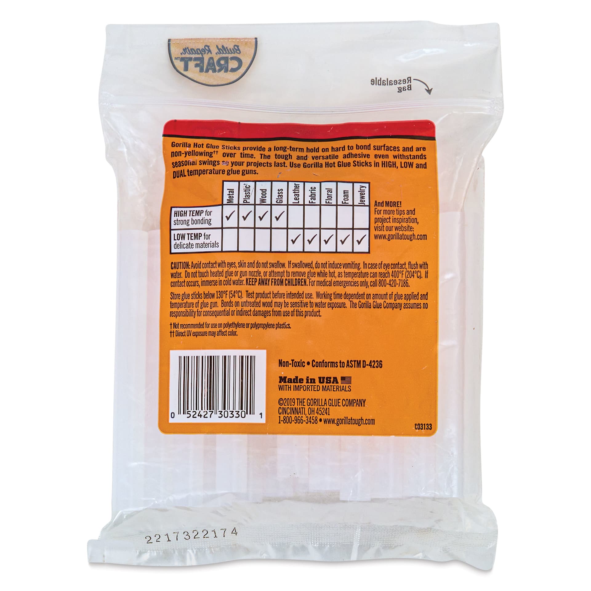 Gorilla All-Temp Hot Glue Sticks - Pkg of 30, 4" (Back of package)