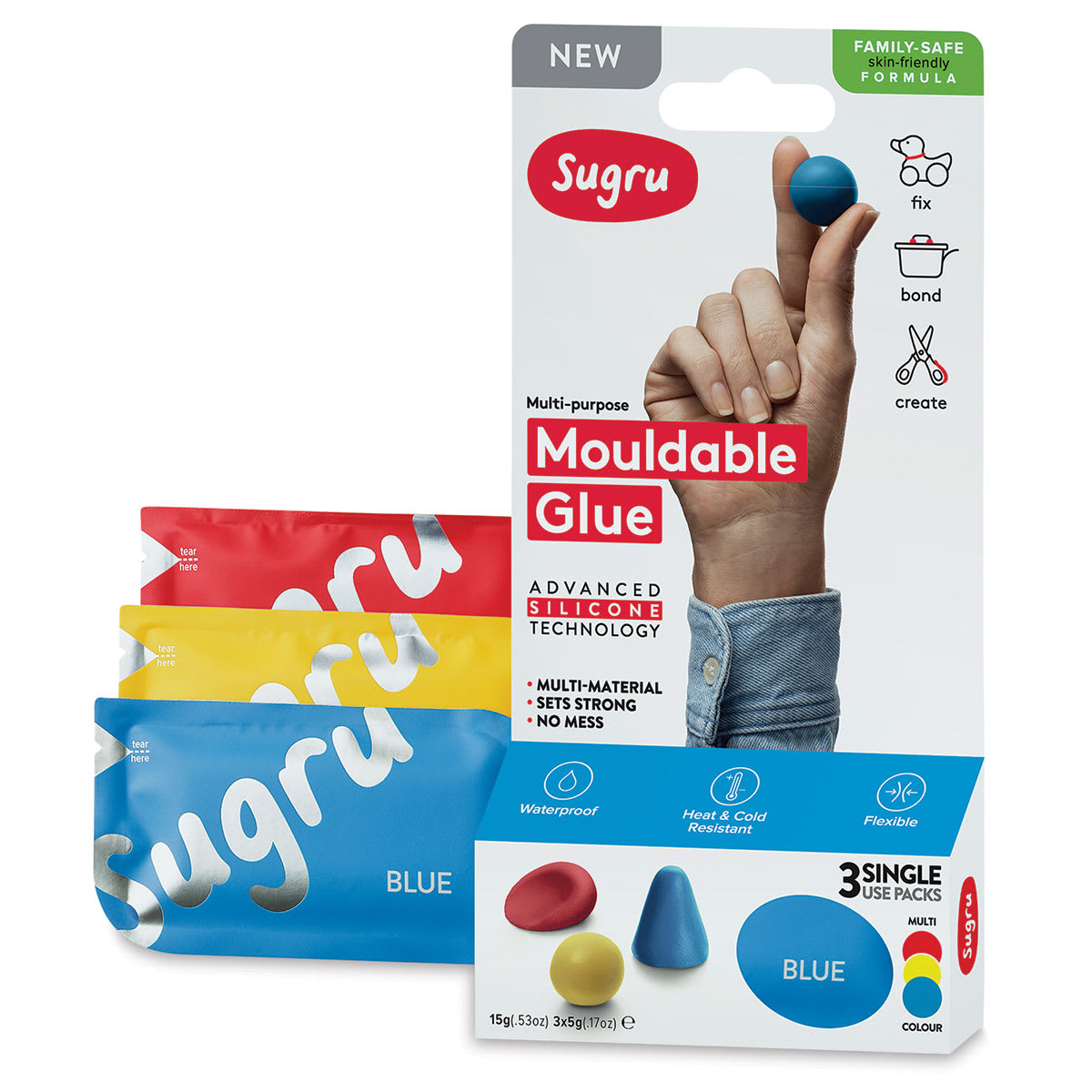 Sugru Mouldable Glue - Pkg of 3, Blue/Red/Yellow