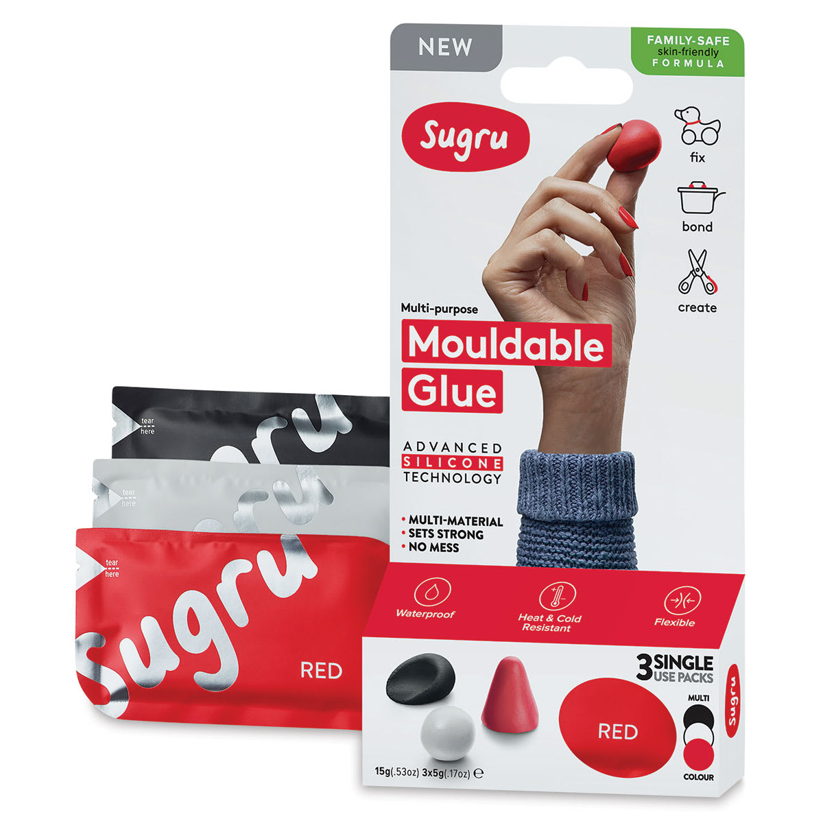 Sugru Mouldable Glue - Pkg of 3, Black/Red/White