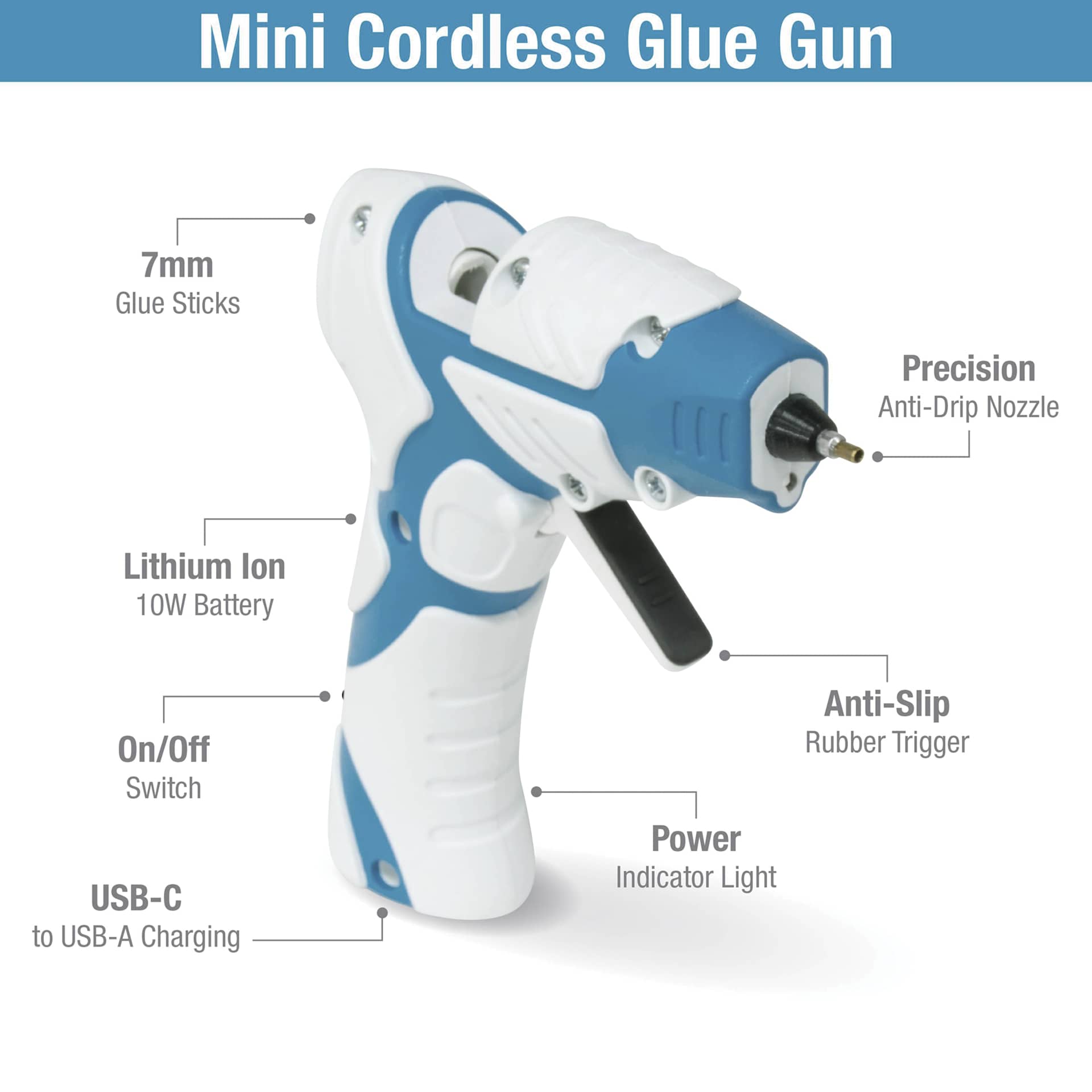 Studio Designs Mini Cordless Glue Gun - Blue and White - labelled components chart