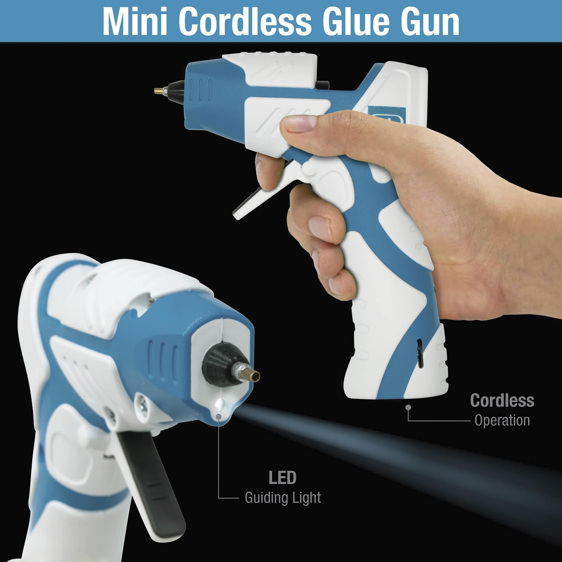 Studio Designs Mini Cordless Glue Gun - Blue and White - Cordless Operation and LED Guiding Light