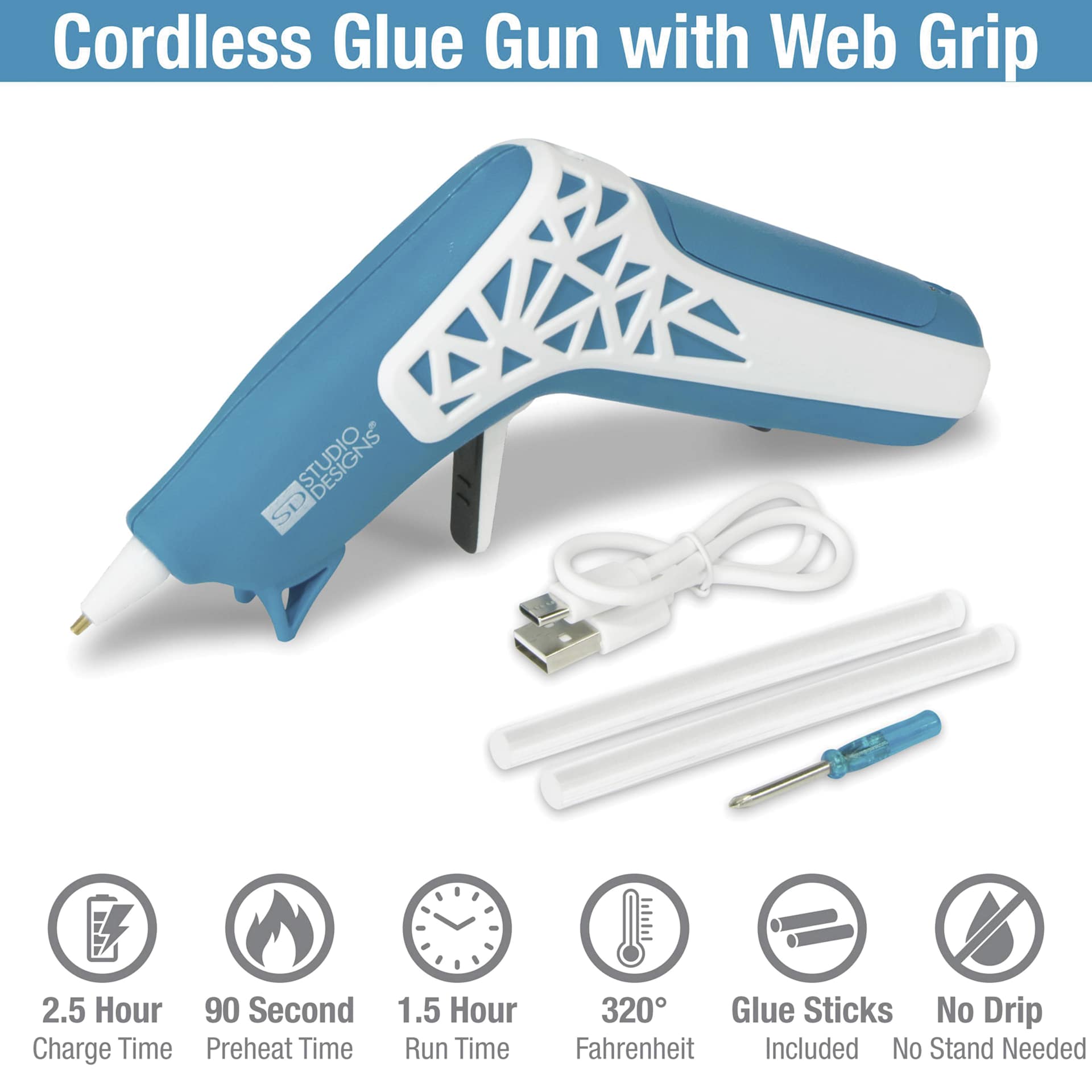 Studio Designs Cordless Glue Gun - Blue and White w/ Web Grip - features