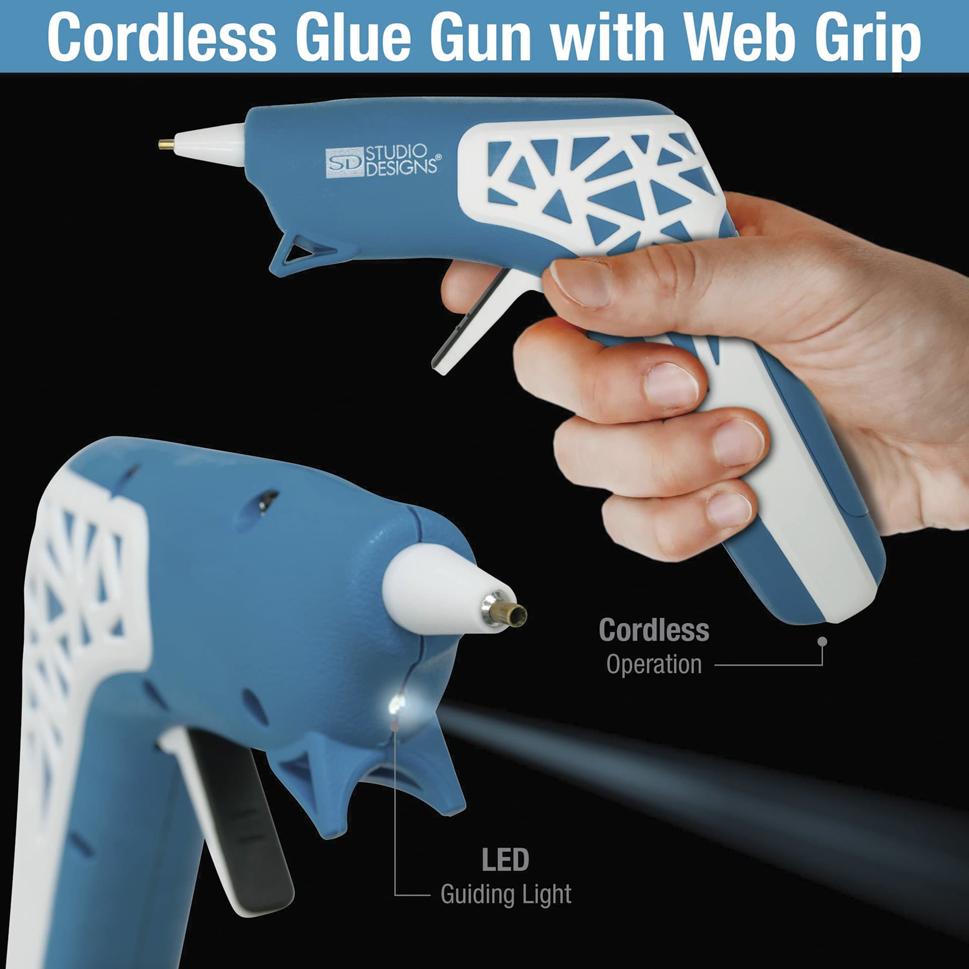 Studio Designs Cordless Glue Gun - Blue and White w/ Web Grip - Cordless Operation and LED Guiding Light