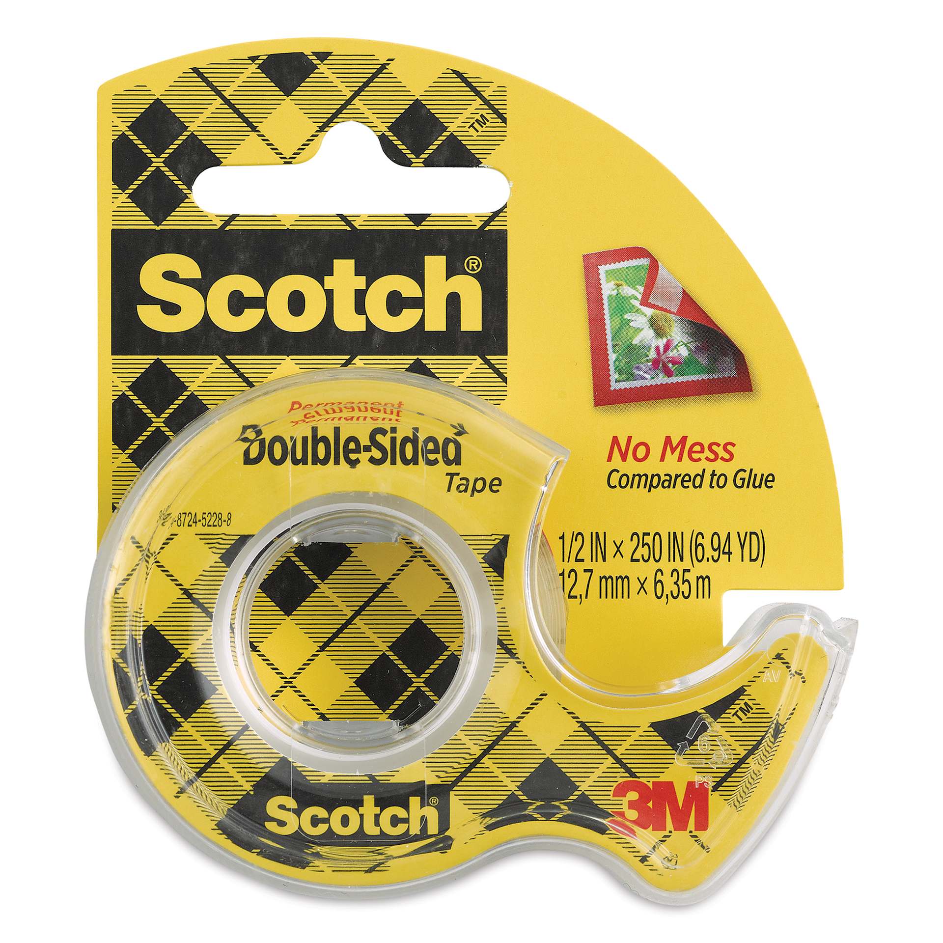 Scotch Permanent Double-Sided Tape - 1/2" x 250", in dispenser, front of the packaging