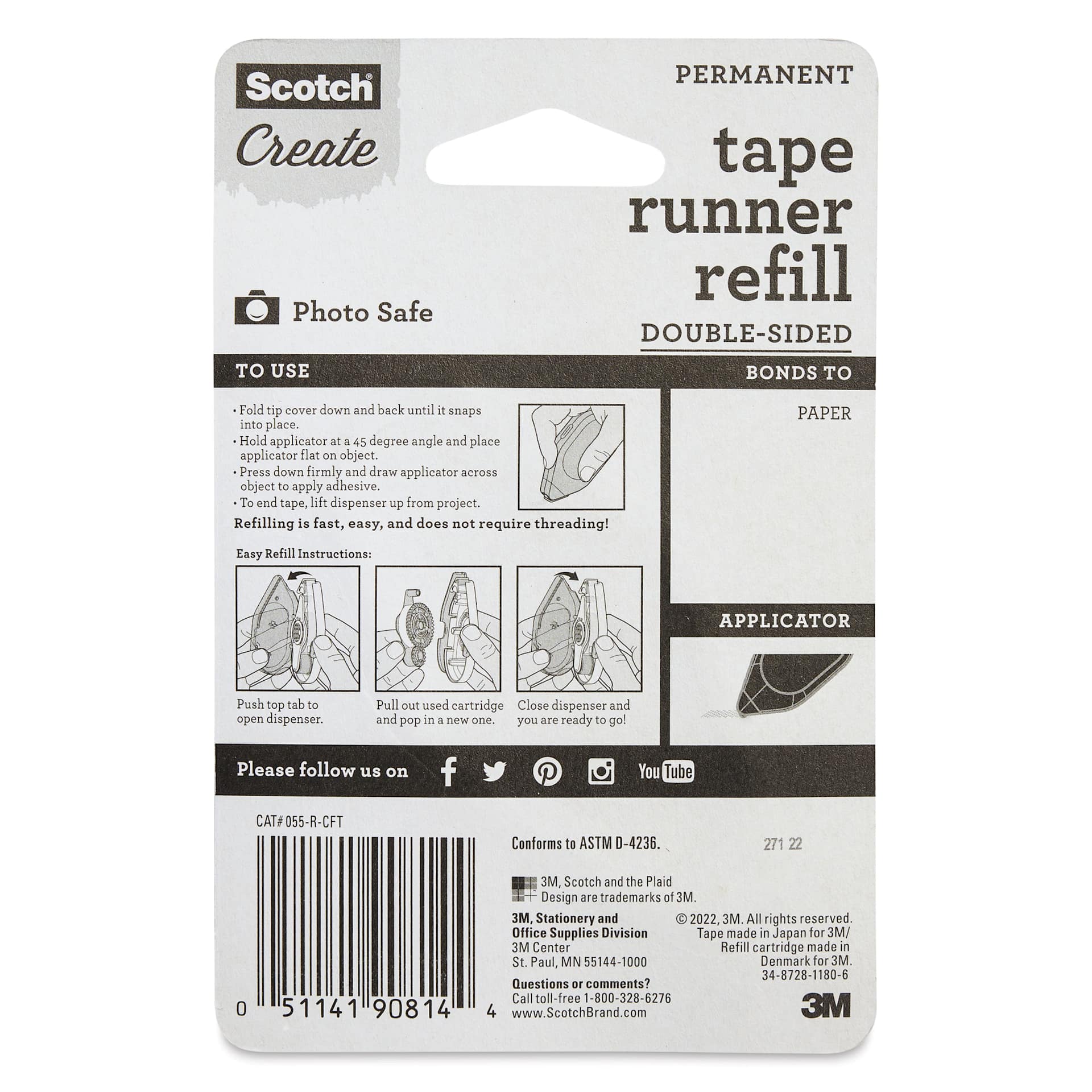 Scotch Permanent Tape Runner Refill - 0.3" x 16.3 yds - back of packaging