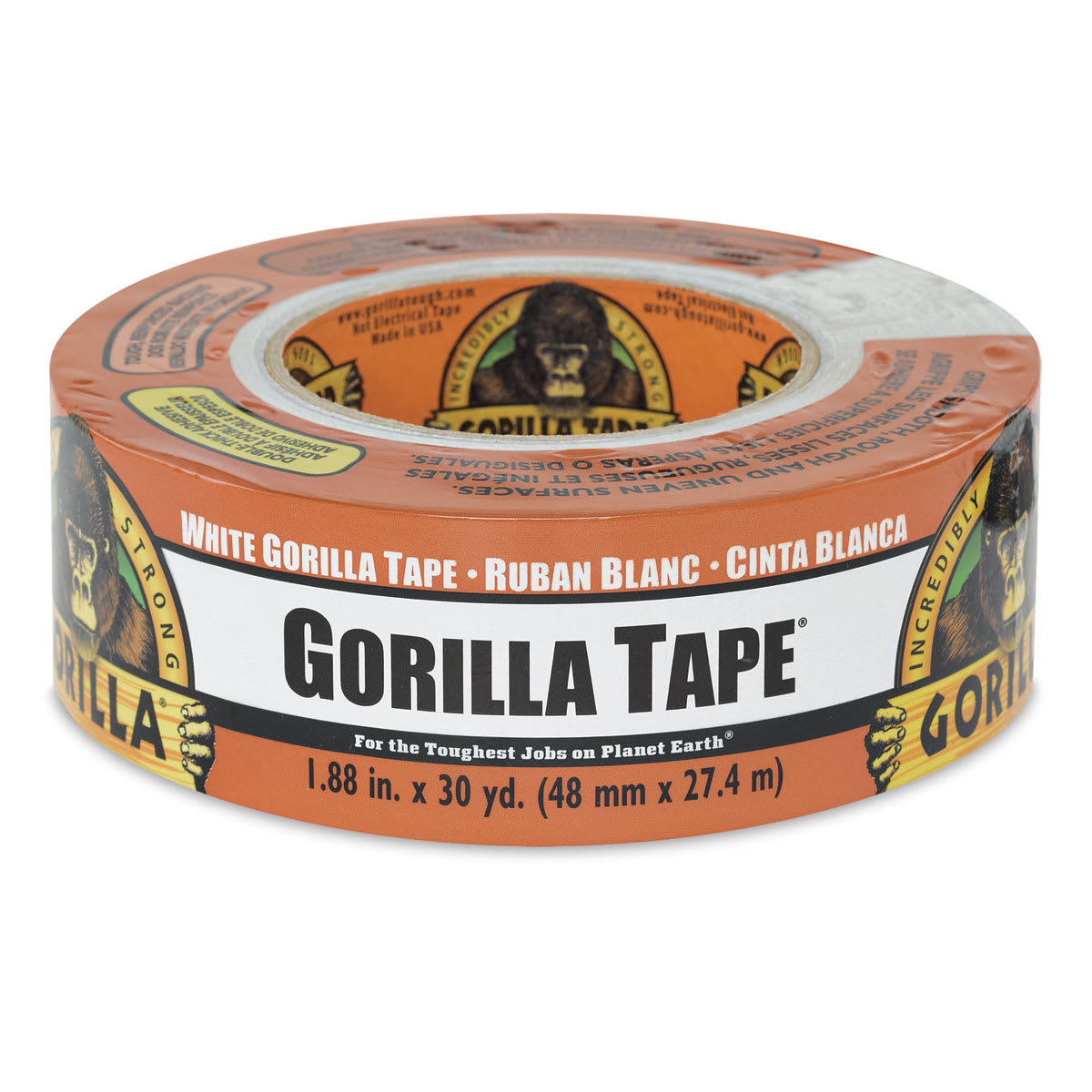 Gorilla Tape - 30 yd White Roll horizontally in shrink wrap package