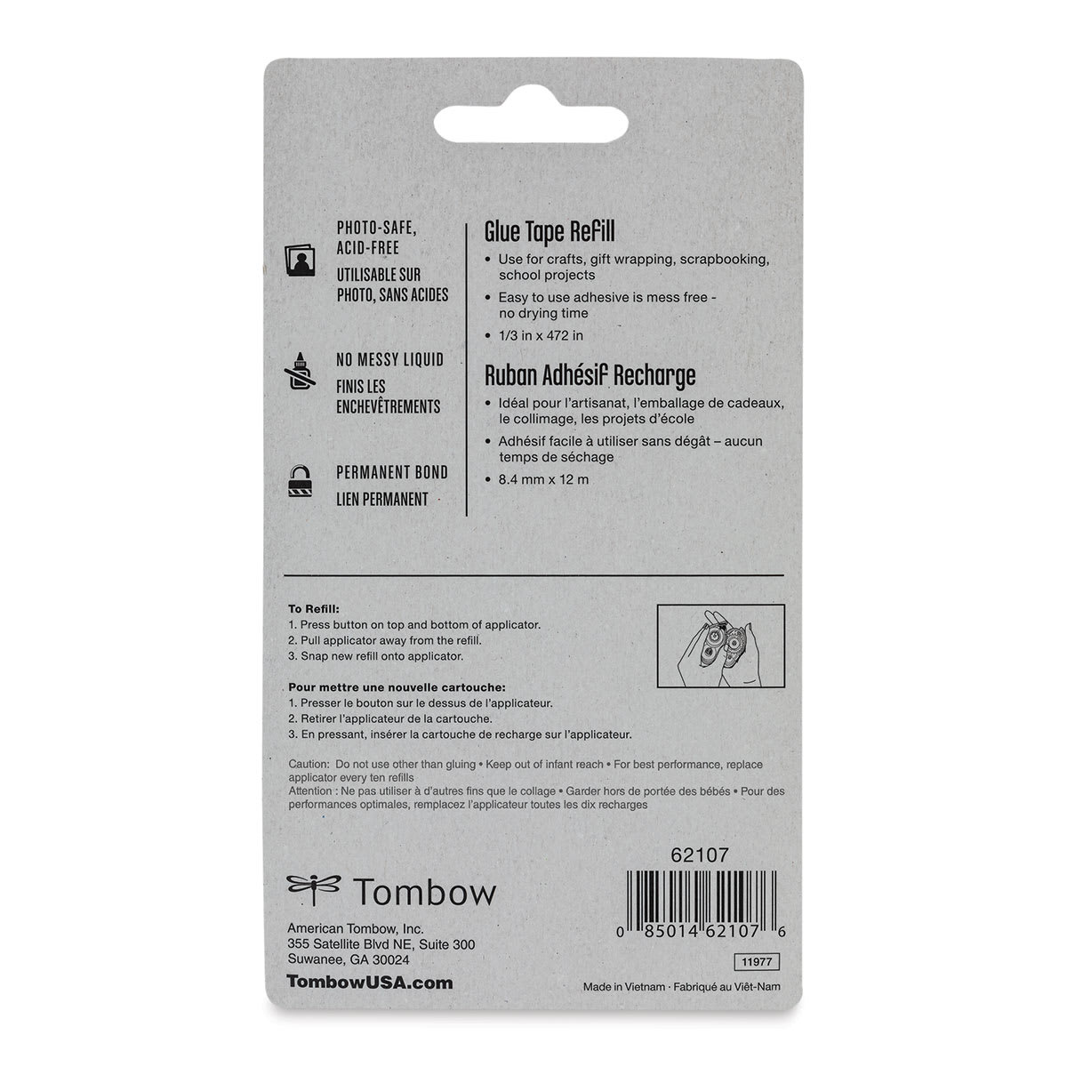 Tombow Mono Adhesive - Permanent Adhesive Refill, 12 m back of package