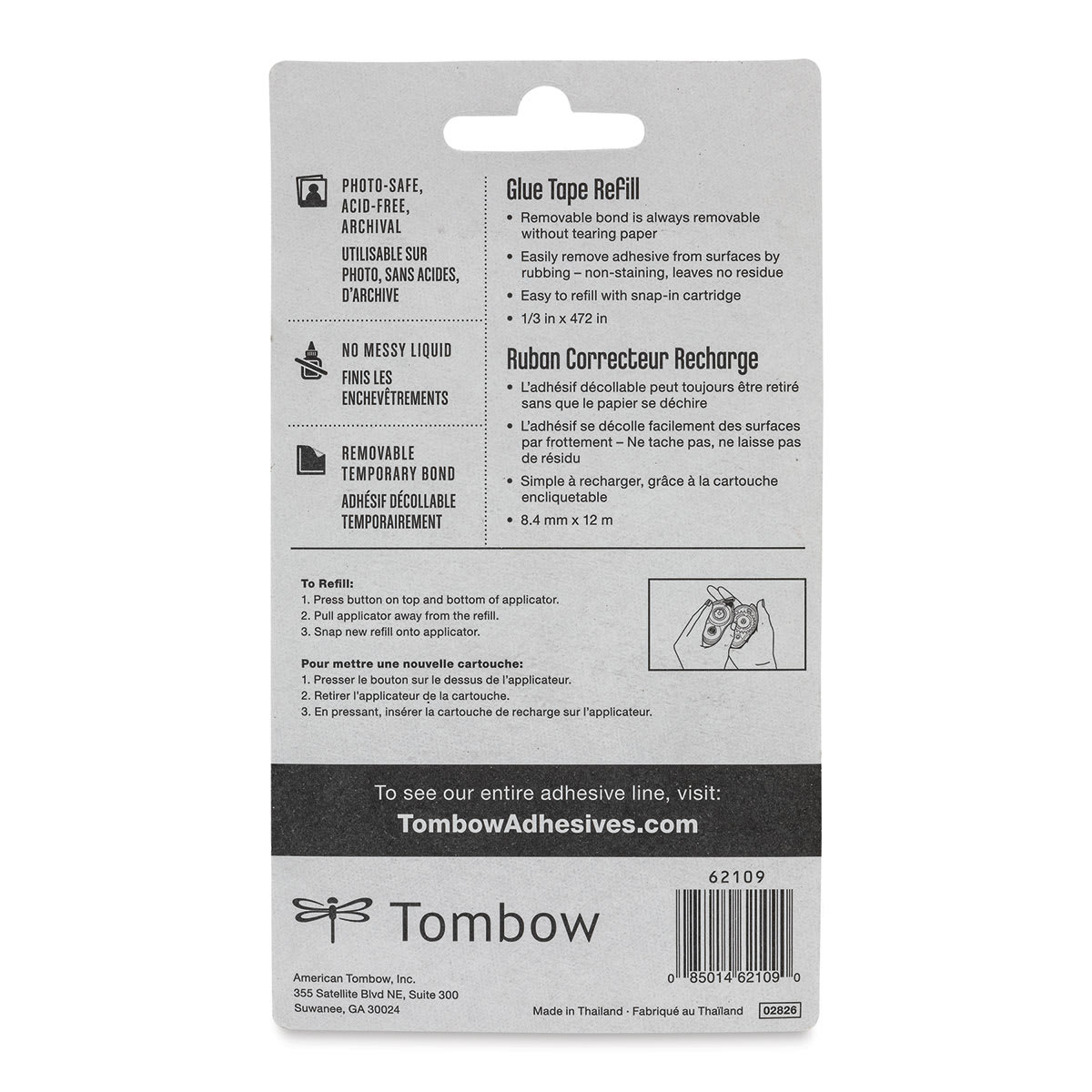 Tombow Mono Adhesive - Removable Adhesive Refill, 12 m back of package