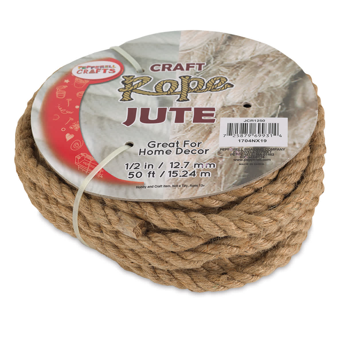 Pepperell Craft Natural Jute Craft Rope - Top angled view of 50 ft coiled Rope with label