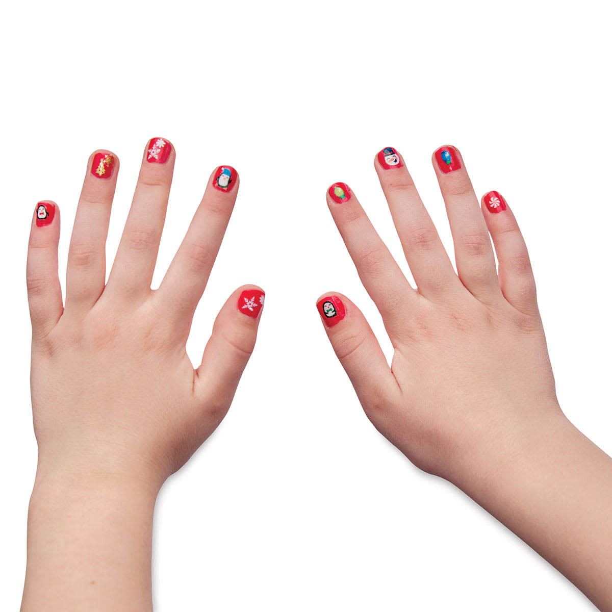 Holiday Nail Art Mini Kit - Child's hands showing finished Nails with Stickers