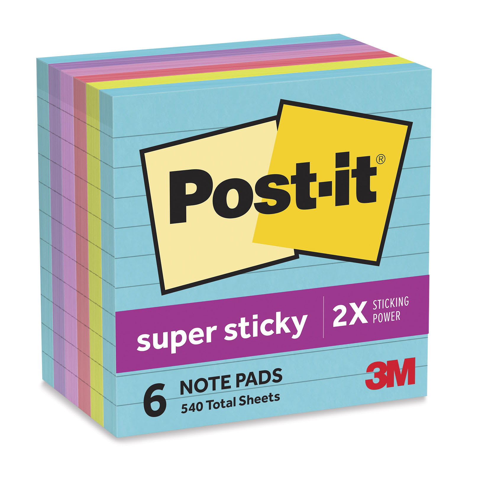 Post-it Super Sticky Notes - 4" x 4", Supernova Neons Collection, Lined, Pkg of 6, front of packaging
