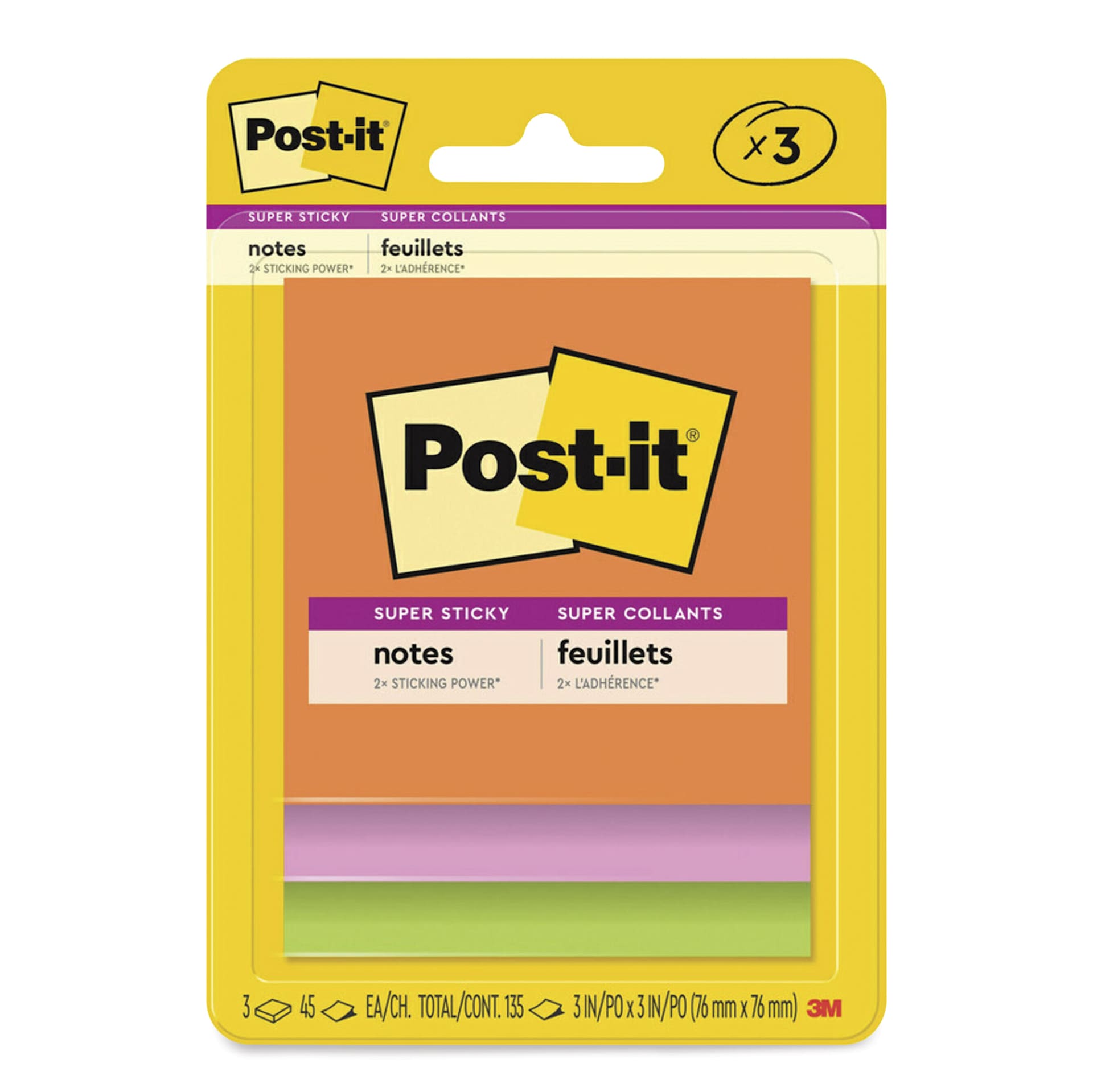 Post-it Super Sticky Notes - 3" x 3", Energy Boost Collection, Blank, Pkg of 3, front of packaging