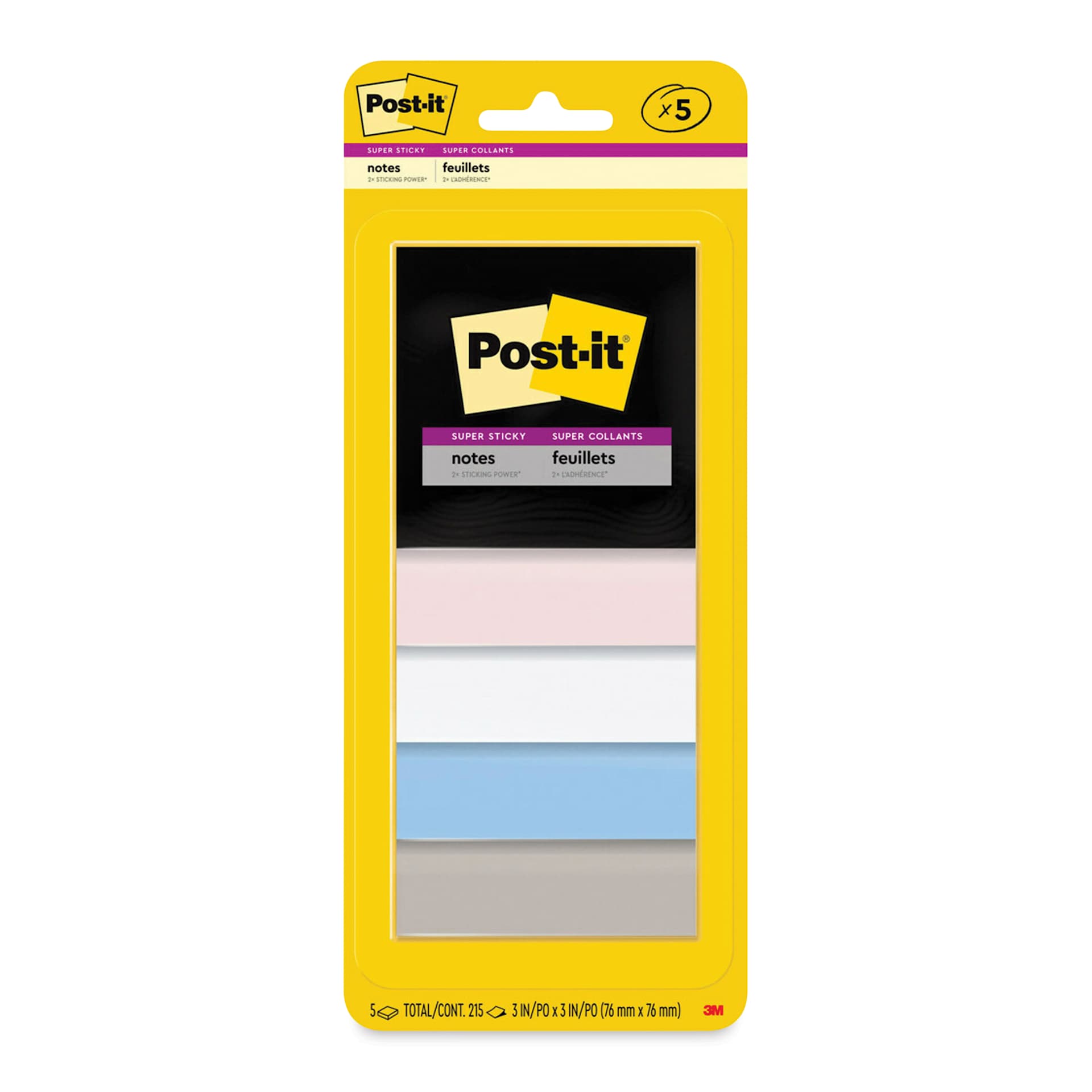 Post-it Super Sticky Notes - Pkg of 5, 3" x 3", Simply Serene Collection, Blank front of packaging