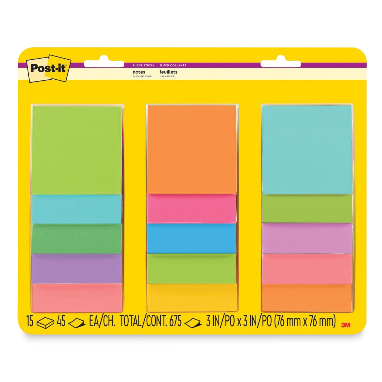 Post-it Super Sticky Notes - Pkg of 15, 3" x 3", Assorted Colors, Blank front of packaging