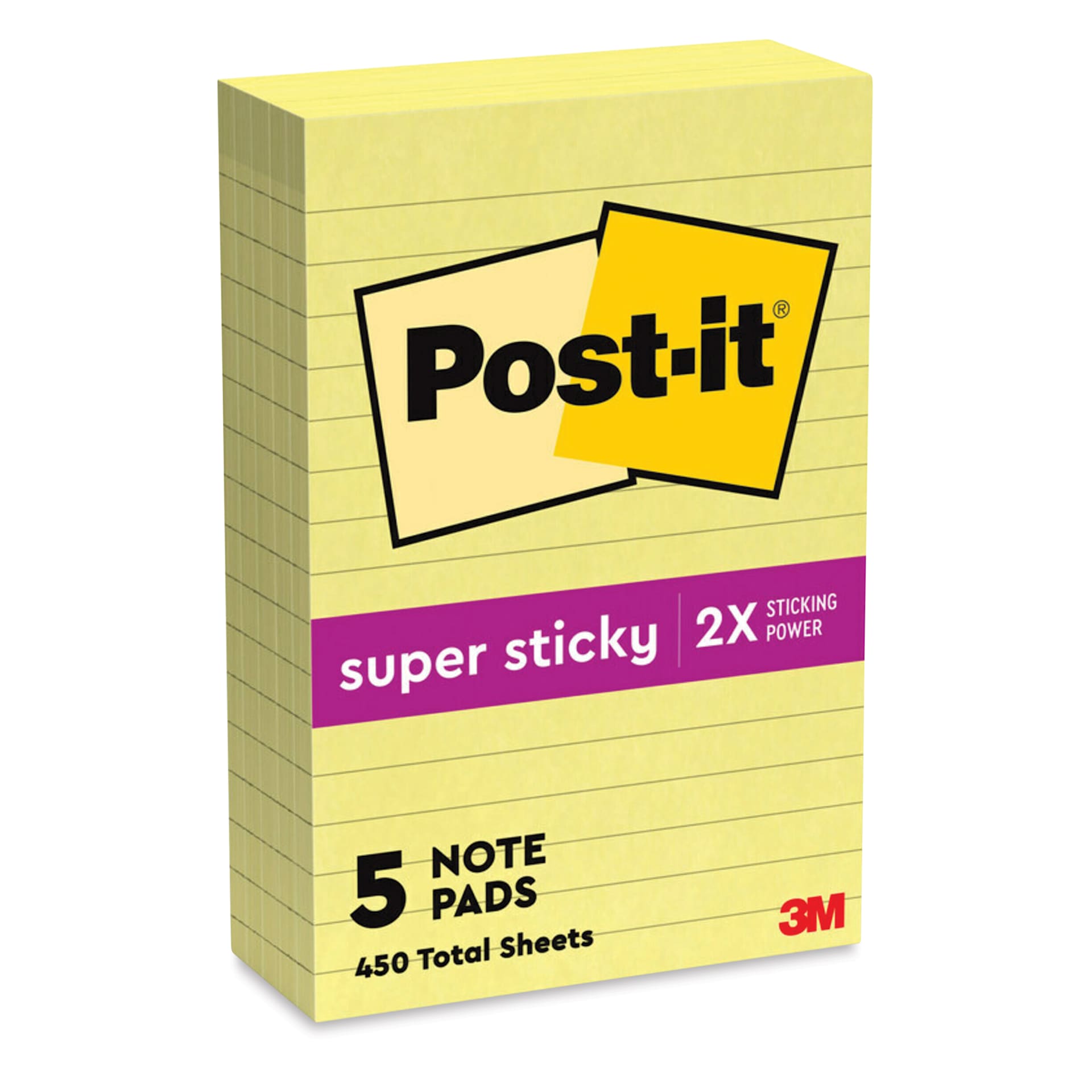 Post-it Super Sticky Notes - Pkg of 5, 4" x 6", Canary Yellow, Lined