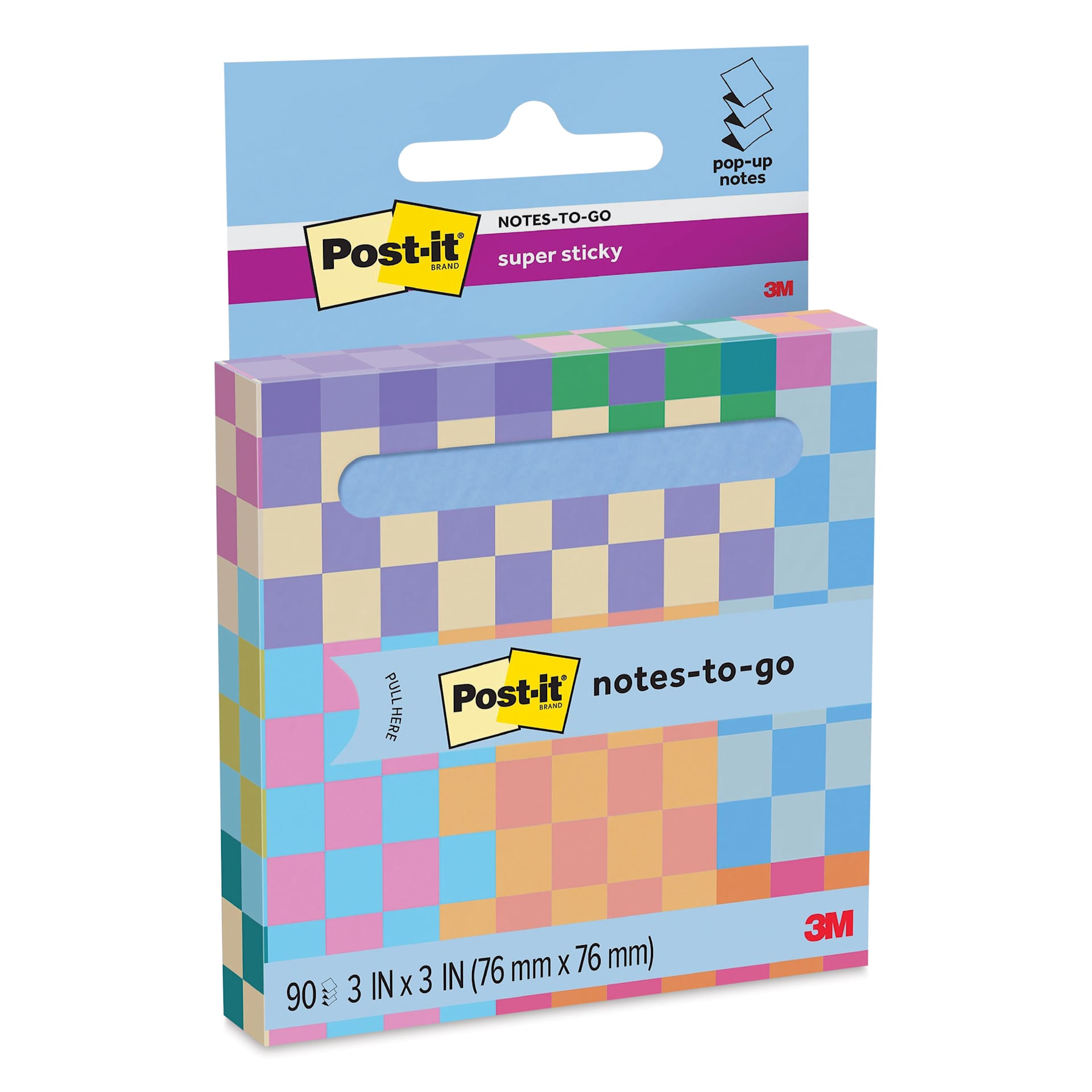 Post-it Super Sticky Notes-to-go Pop-Up Notes - Washed Denim, 3" x 3" front of packaging
