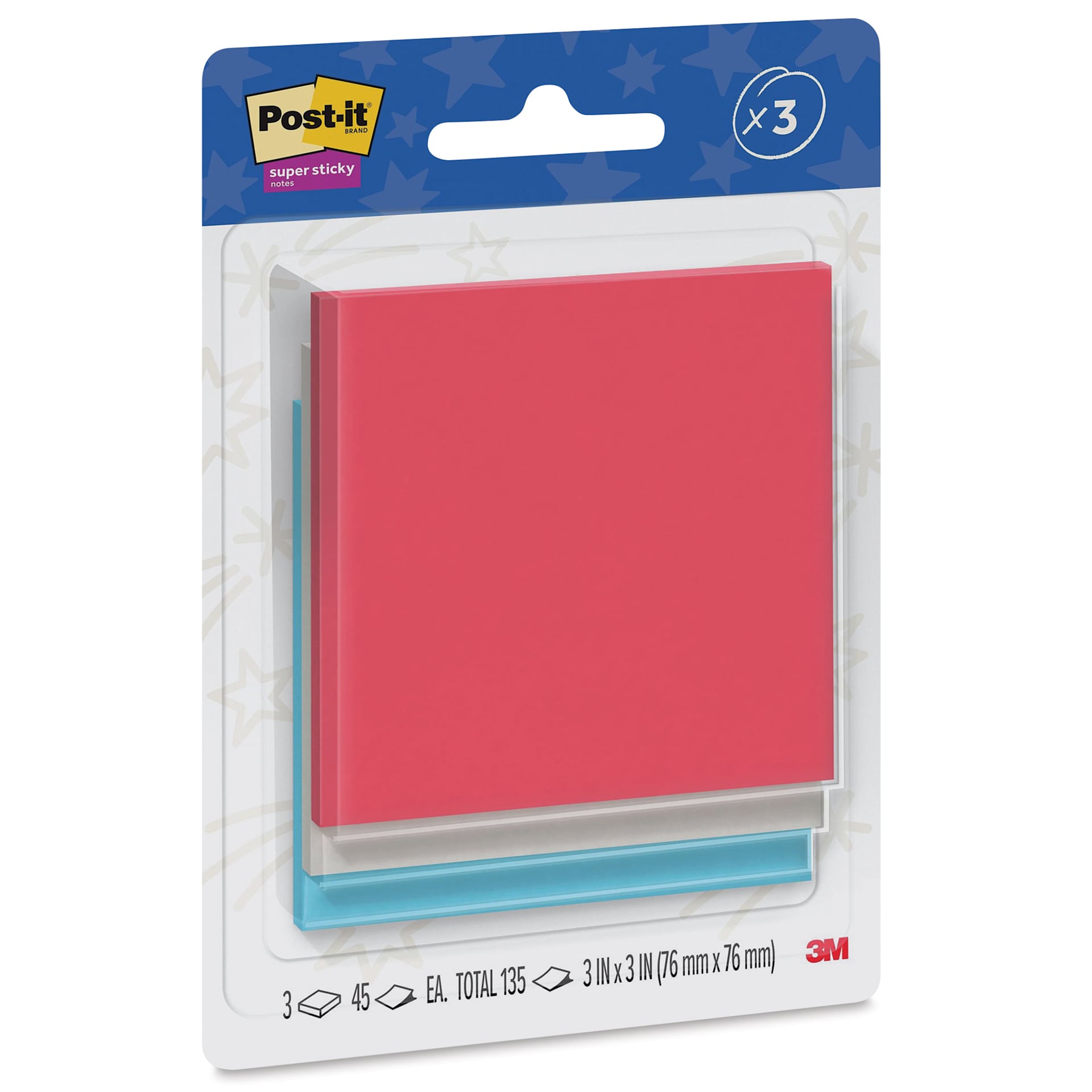 Post-it Super Sticky Notes - Pkg of 3, 3" x 3", Red, White, and Blue, Blank front of packaging