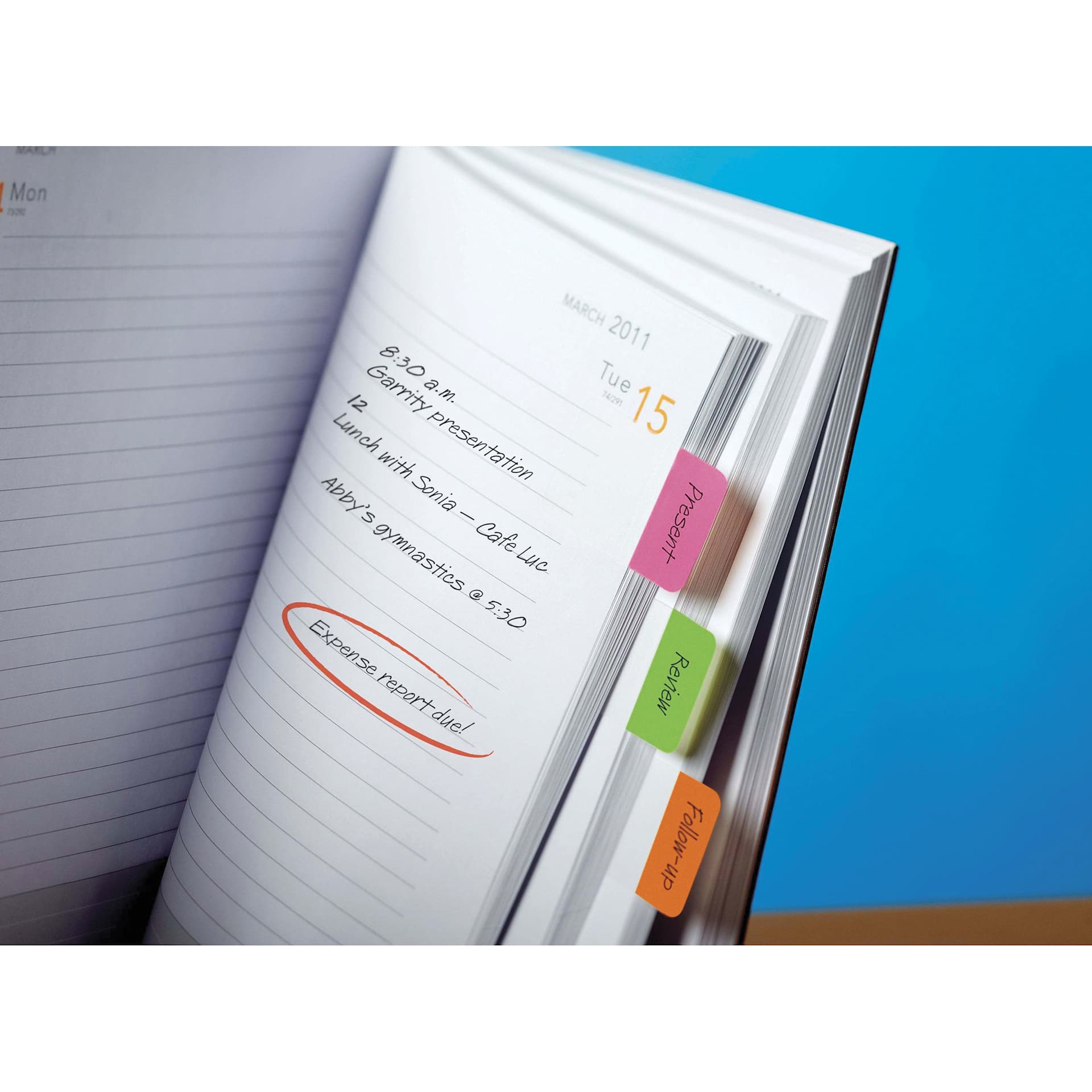 Post-it Tabs - Neon Colors, Pkg of 36 - sticking to pages of a notebook