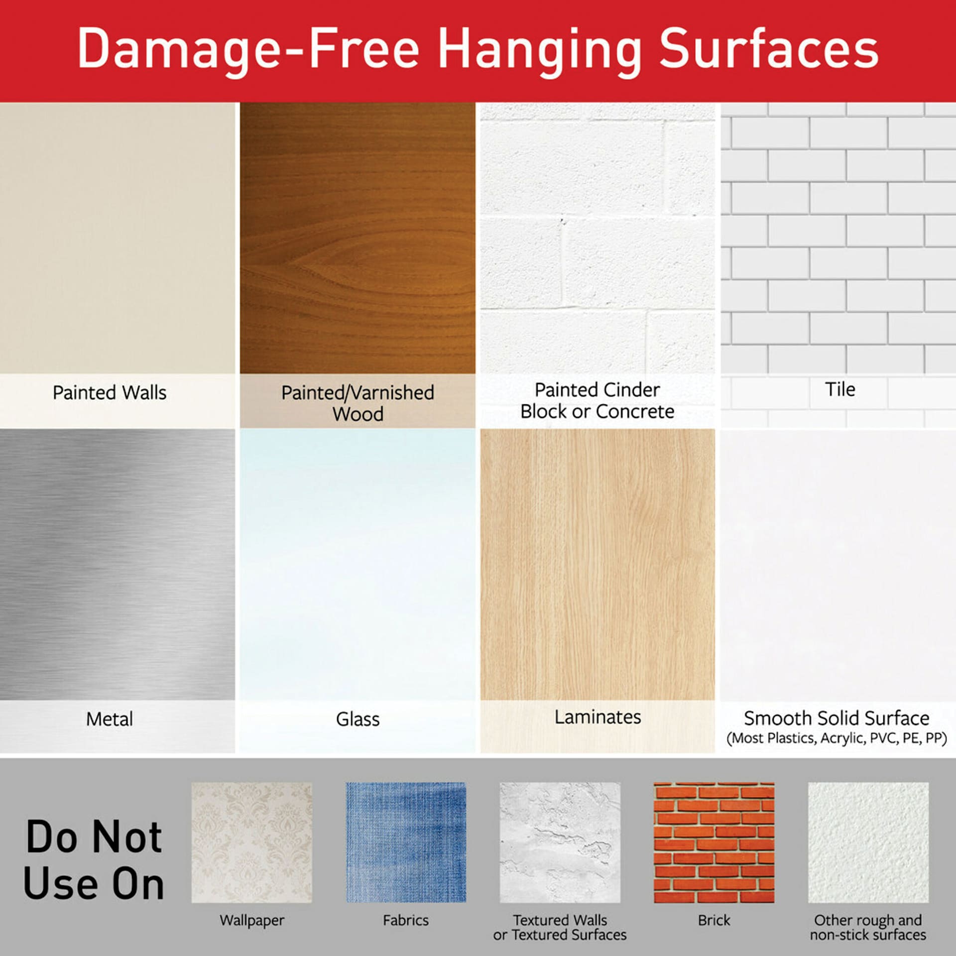 Damage free hanging surfaces on painted walls, varnished wood, painted cinder blocks and concrete, tile, metal, glass, laminates and smooth solid surfaces. 