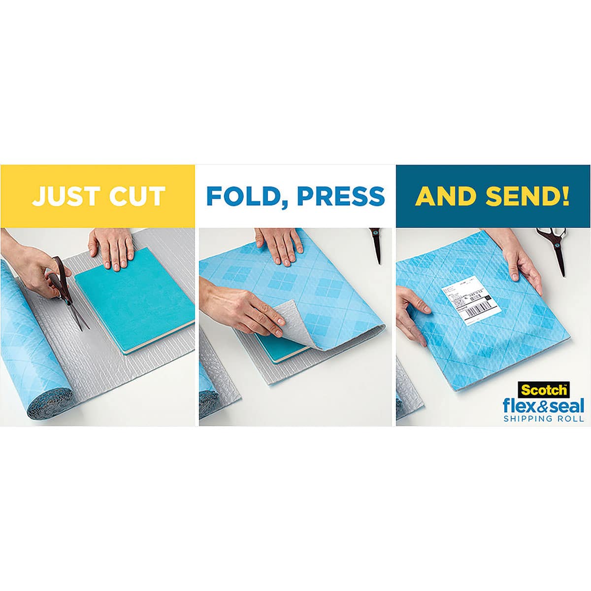 Scotch Flex & Seal Shipping Roll - Three steps to wrapping items shown