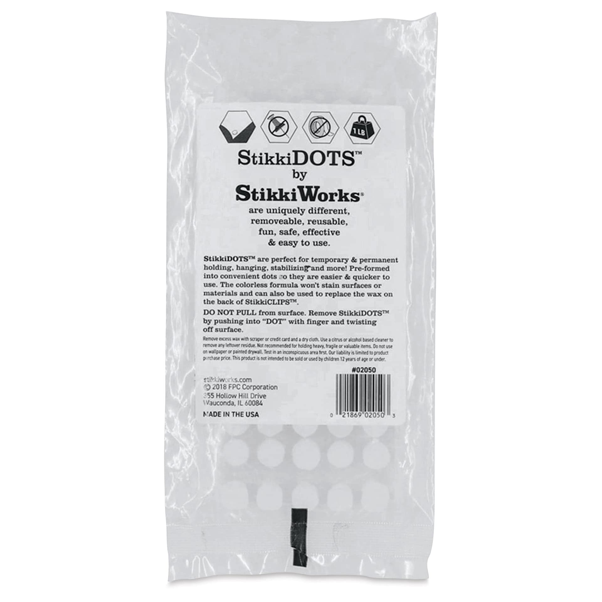 StikkiWorks StikkiDots Adhesive Wax Dots - Pkg of 50, back of packaging