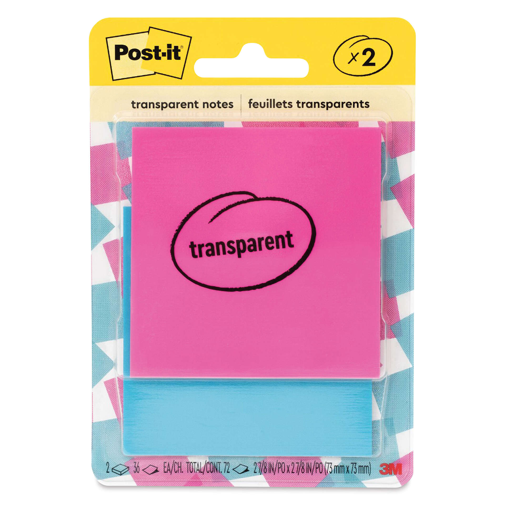 Post-It Transparent Notes - 2.8" x 2.8", Pink and Blue front of packaging