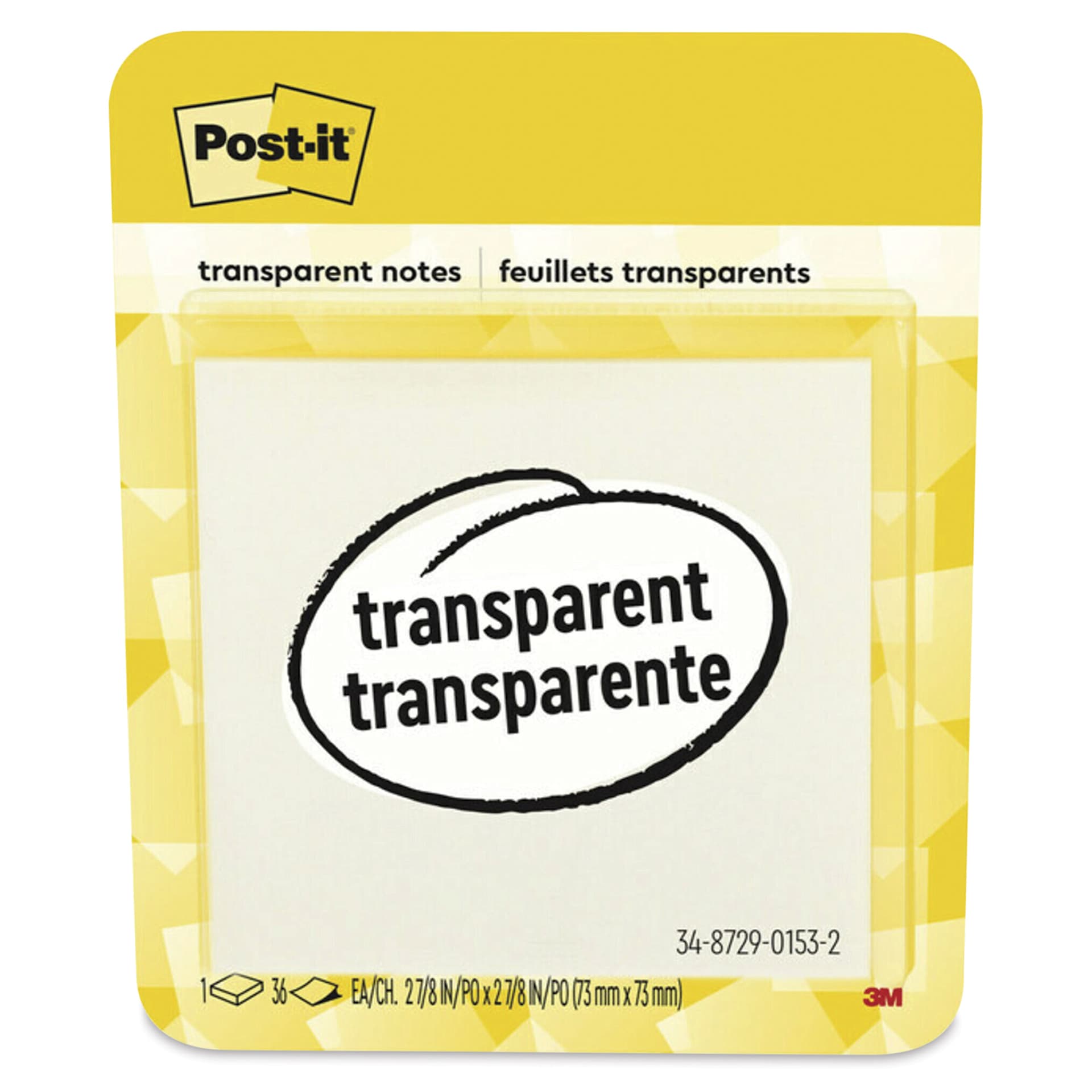 Post-It Transparent Notes - Single Pad, 2.8" x 2.8", White front of packaging