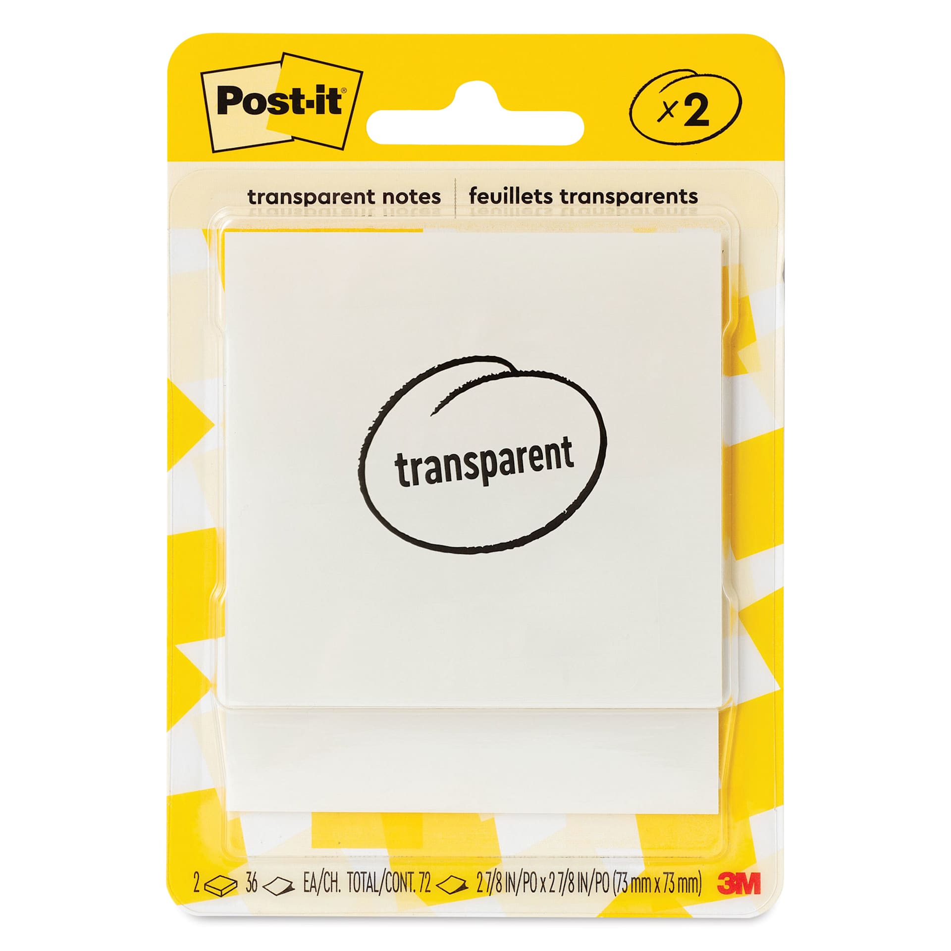 Post-It Transparent Notes - Pkg of 2, 2.8" x 2.8", White front of packaging