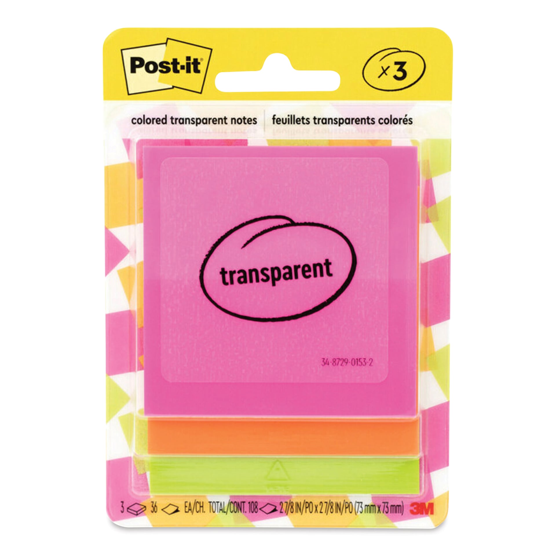 Post-It Transparent Notes - Pkg of 3, 2.8" x 2.8", Assorted front of packaging