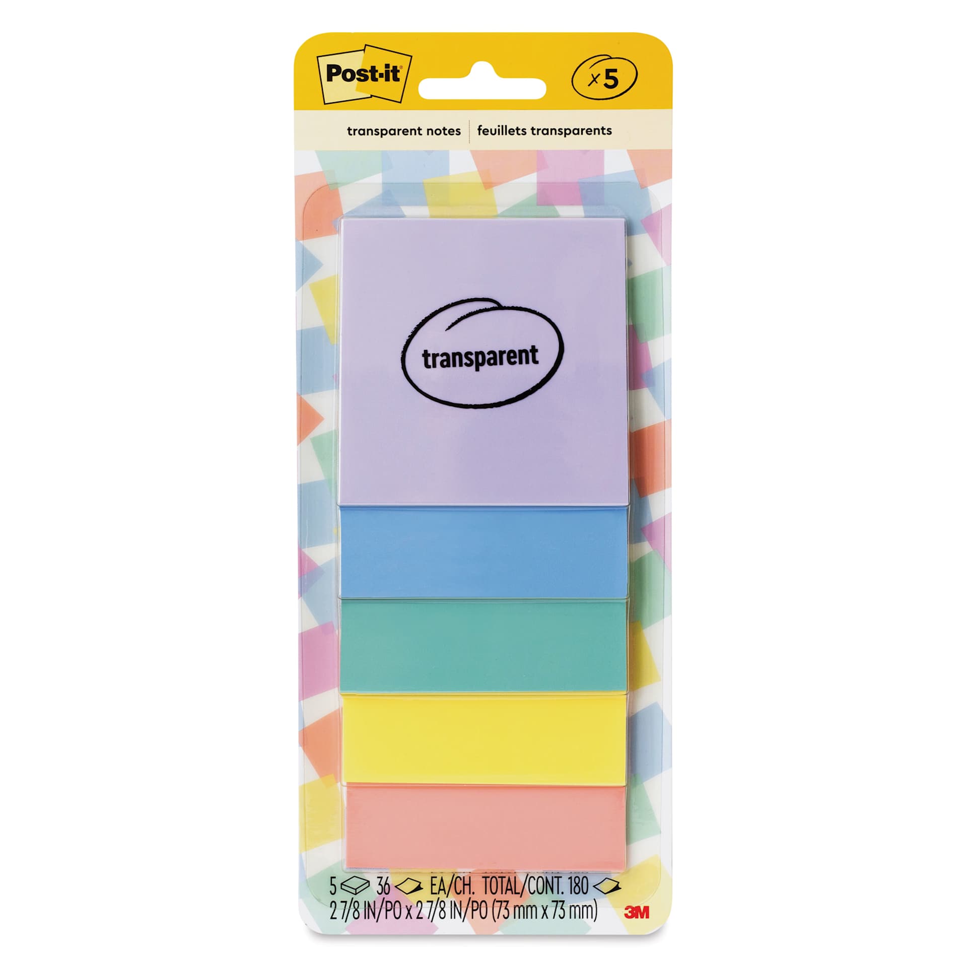 Post-It Transparent Notes - Pkg of 5, 2.8" x 2.8", Pastels front of packaging