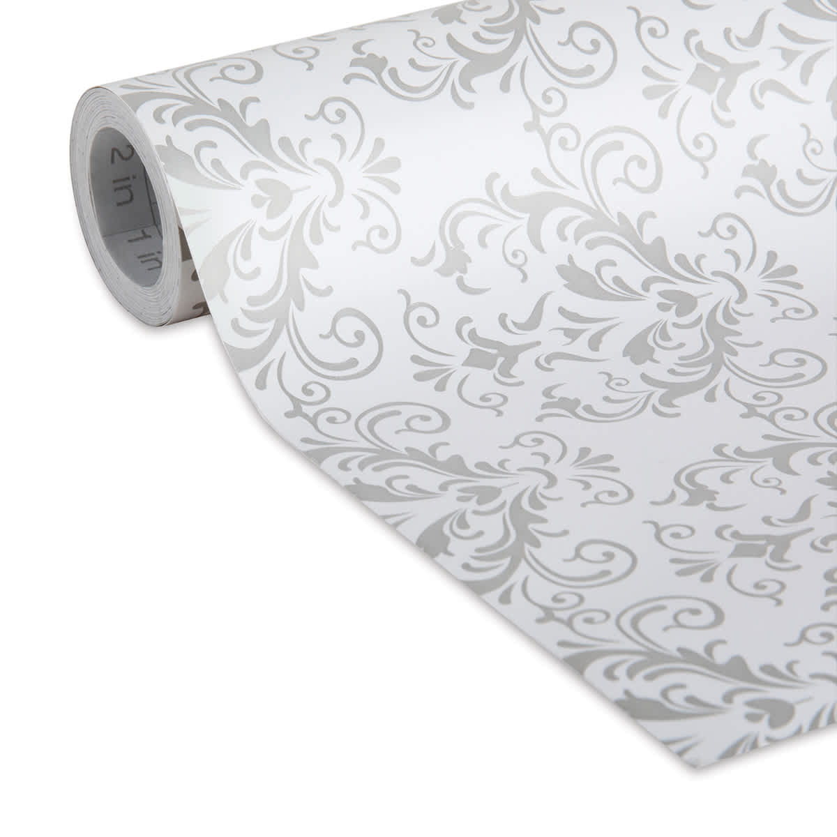 Duck EasyLiner Adhesive Laminate - Closeup of slightly unrolled removable Gray Damask pattern 