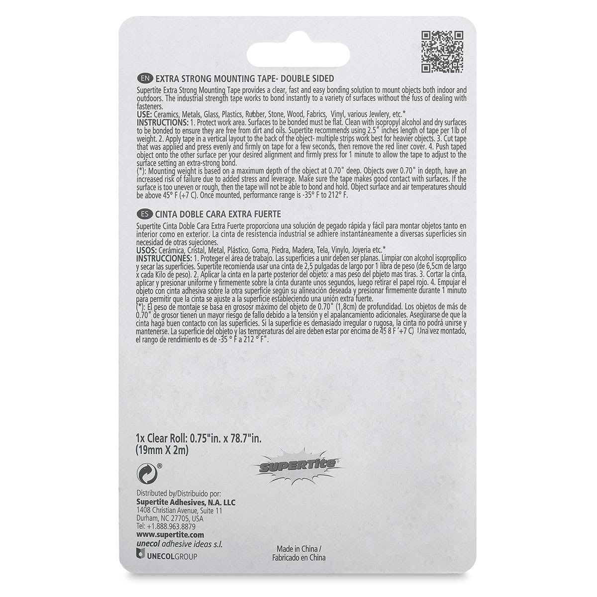 Supertite Double-Sided Extra Strong Clear Mounting Tape, 3/4" x 78-7/10", Roll, Back Of Package