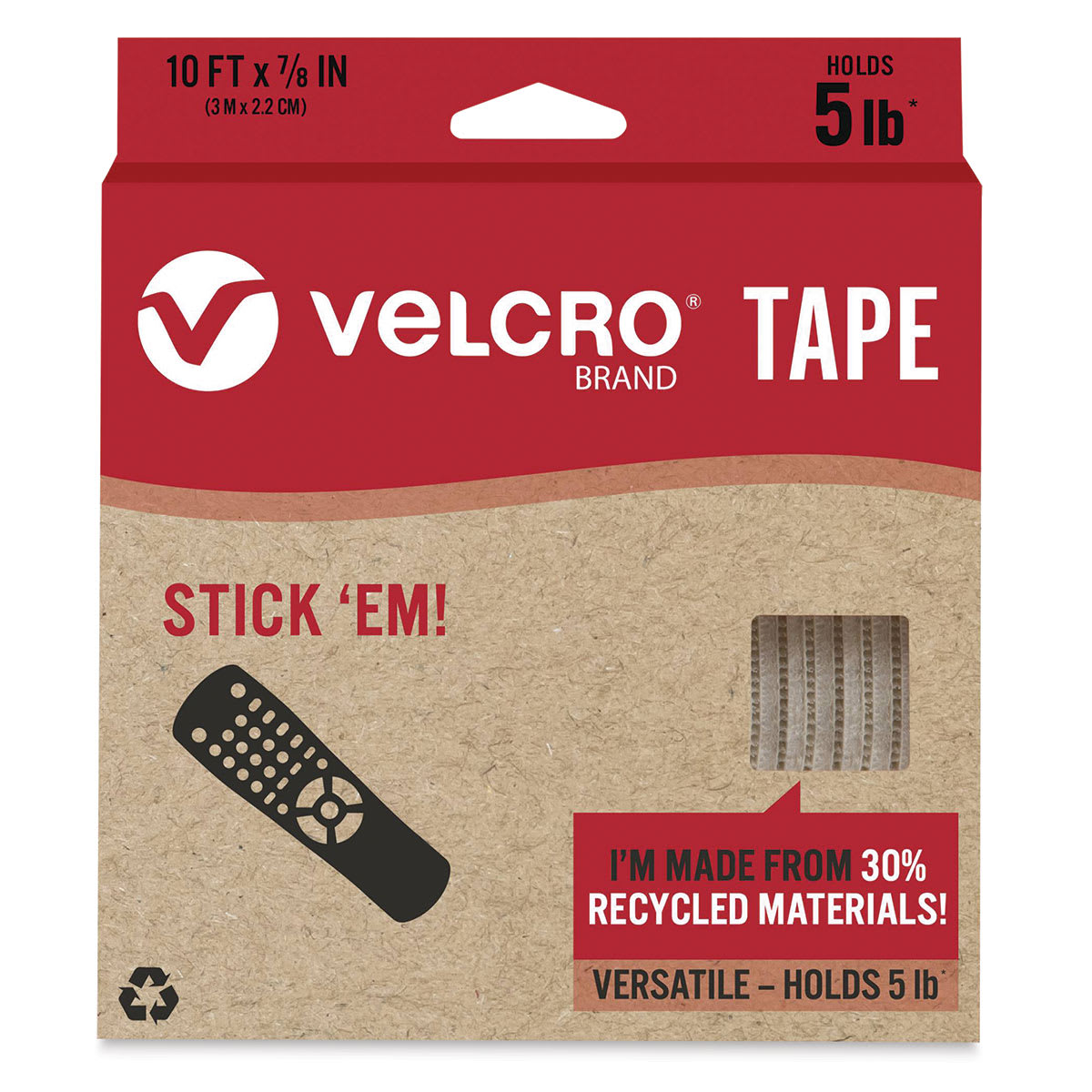 Velcro Brand ECO Collection Tape, White, 10 ft x 7/8", Front Of Package