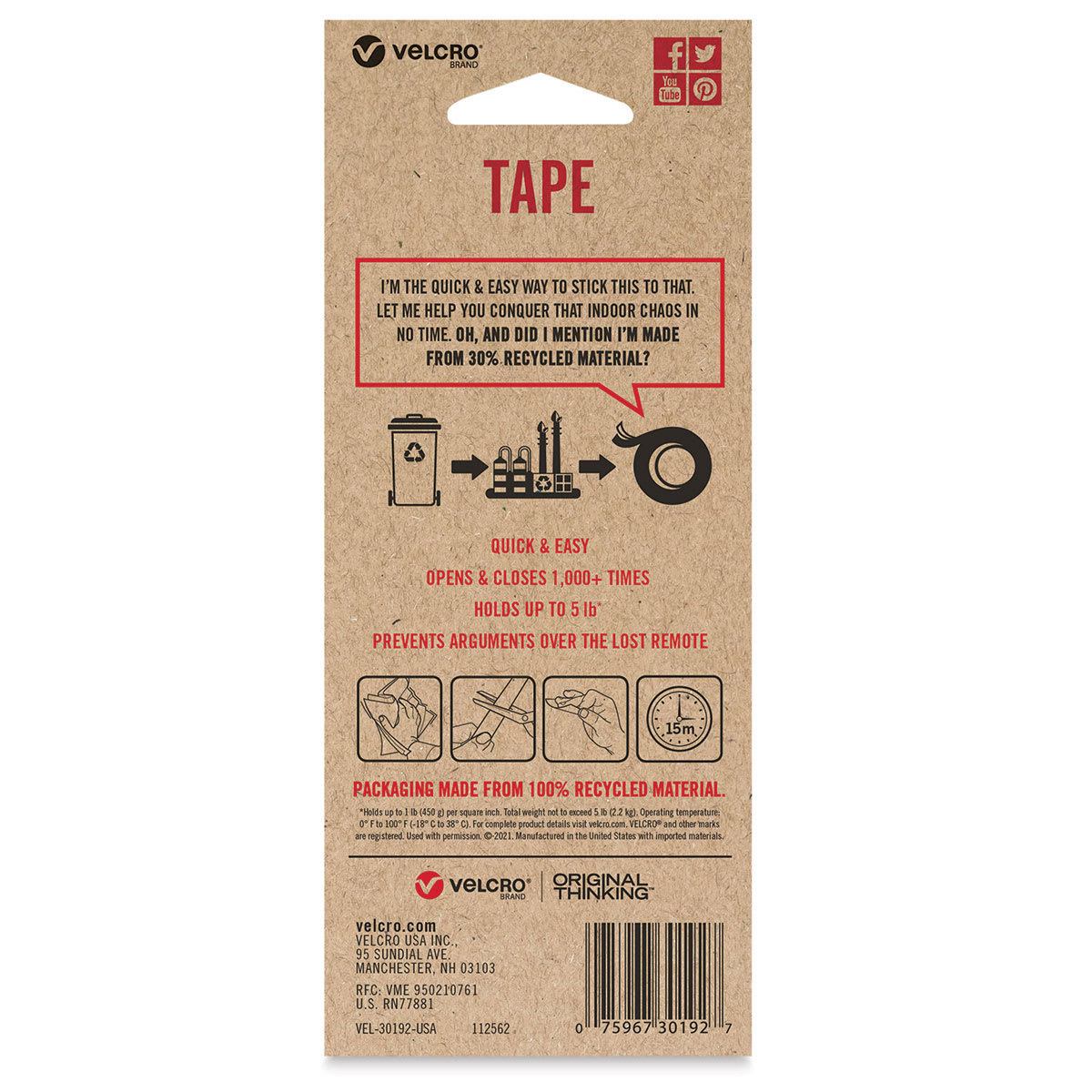 Velcro Brand ECO Collection Tape, White, 3 ft x 7/8", Back Of Package