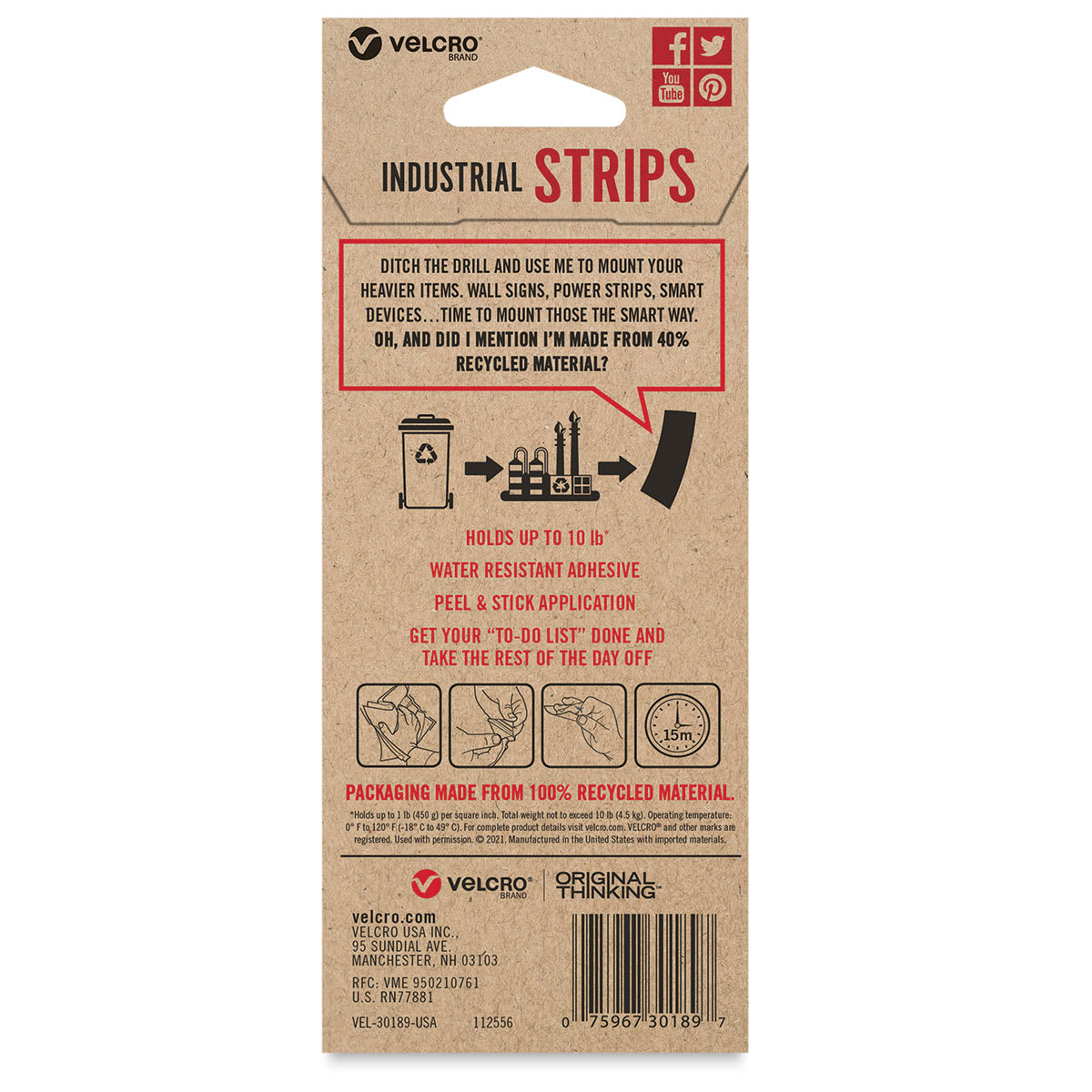 Velcro Brand ECO Collection Industrial Strips, Pkg of 2, Black, 3" x 1-3/4", Back Of Package