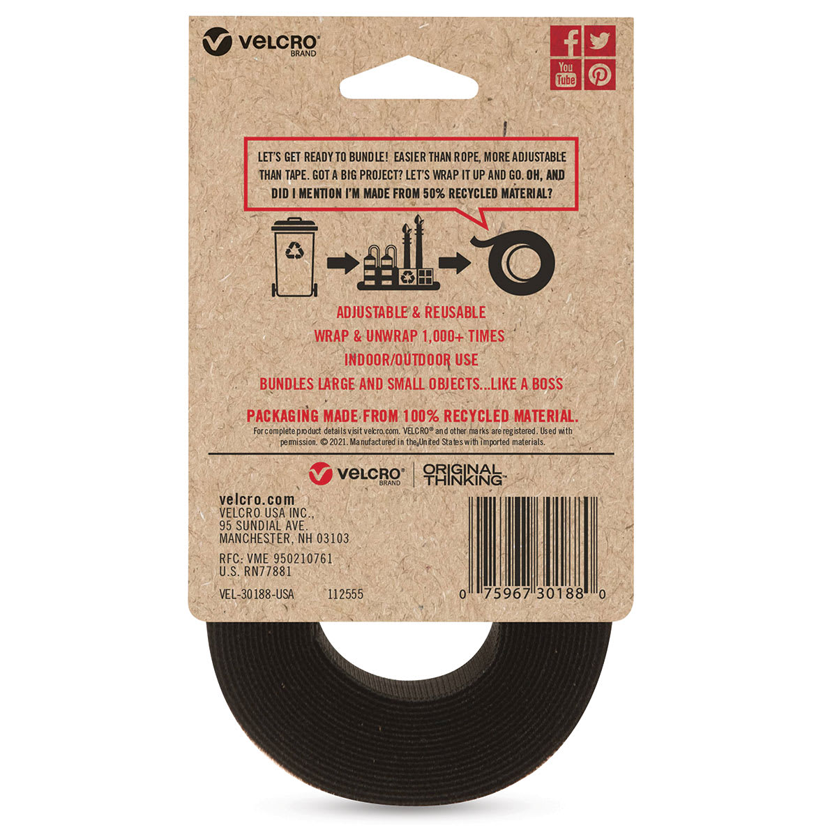 Velcro Brand ECO Collection Straps, Black, 10 ft x 1" Roll, Back Of Package