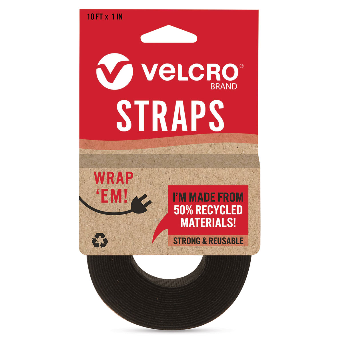 Velcro Brand ECO Collection Straps, Black, 10 ft x 1" Roll, Front Of Package