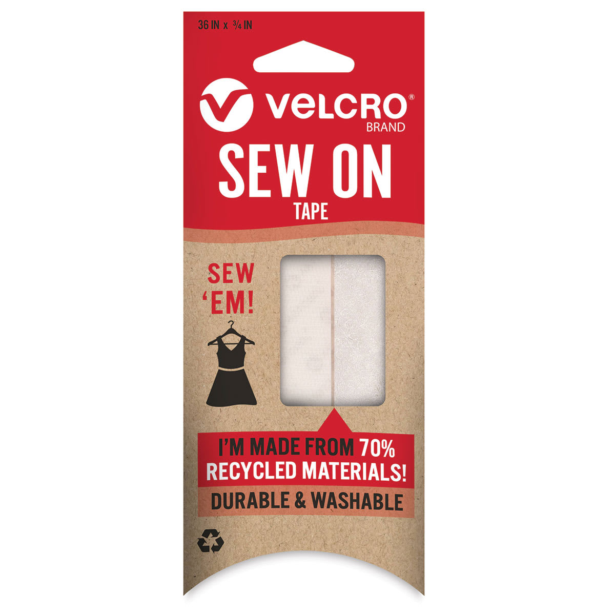 Velcro Brand ECO Collection Sew-On Tape, White, 36" x 3/4", Front Of Package