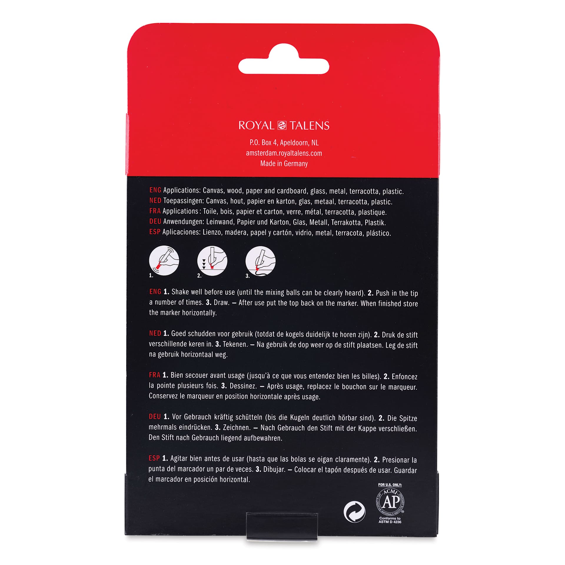 Amsterdam Acrylic Marker - Reflex Colors, Set of 4, back of the packaging