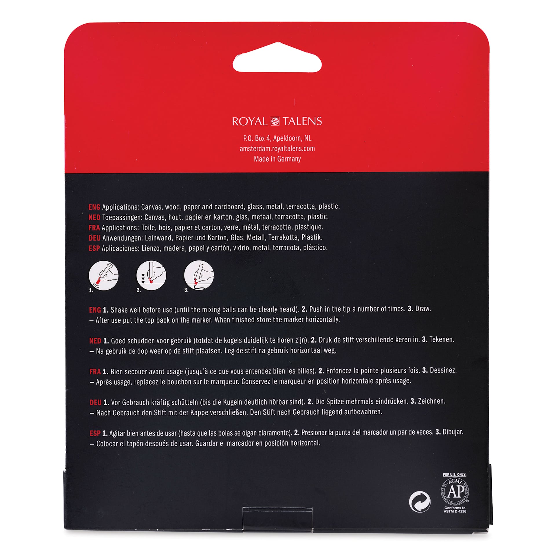Amsterdam Acrylic Marker - Basic Colors, Set of 6, back of the packaging