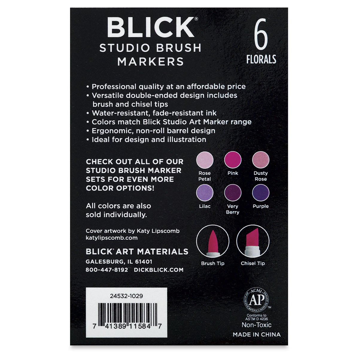 Blick Studio Brush Markers - Floral Colors, Set of 6 (Back of package)