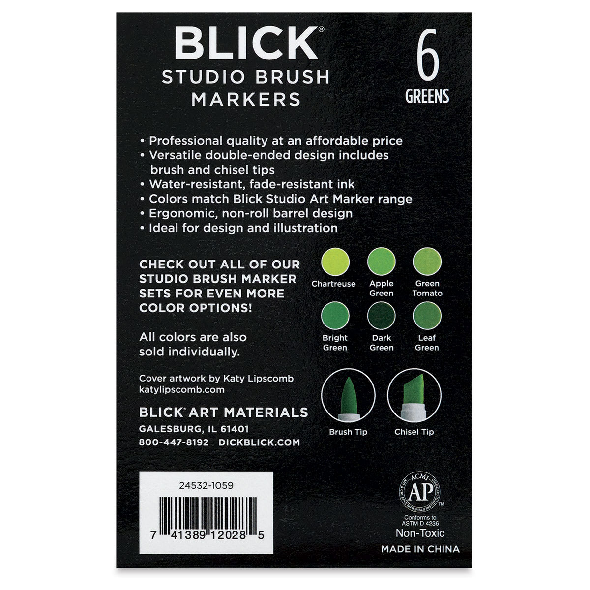 Blick Studio Brush Markers -  Green Colors, Set of 6 (Back of package)