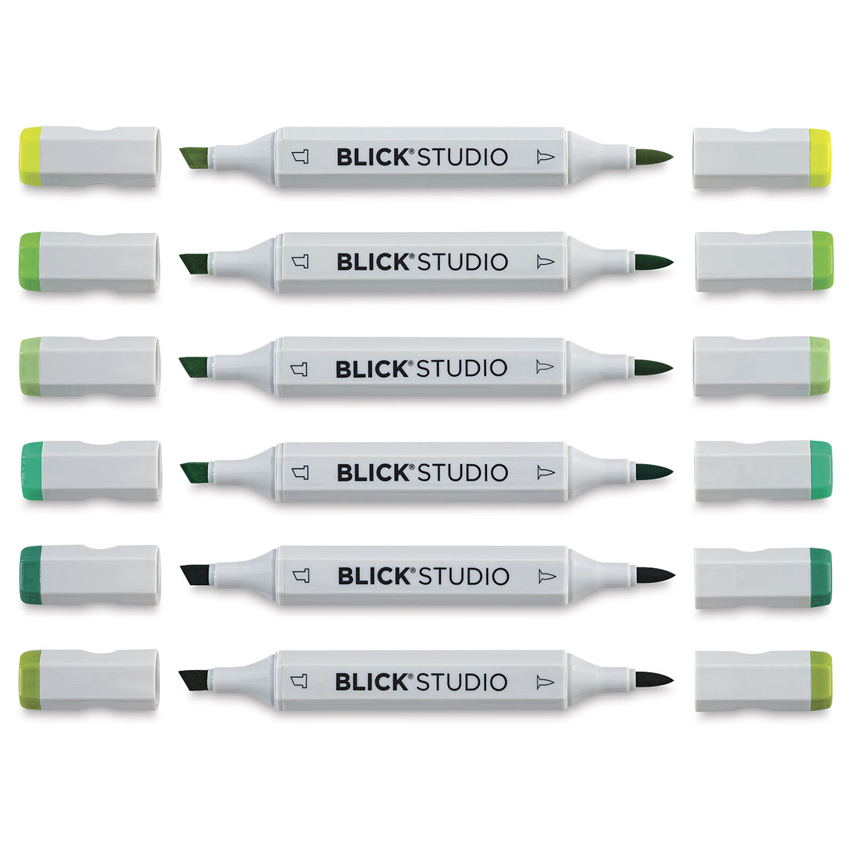 Blick Studio Brush Markers -  Green Colors, Set of 6 (with caps off)