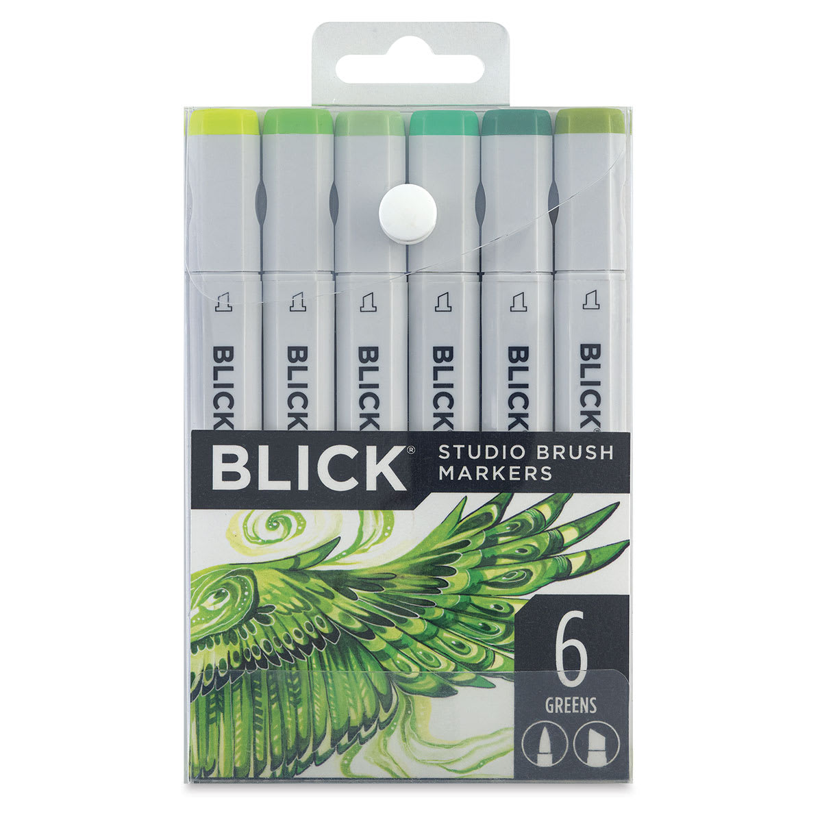 Blick Studio Brush Markers -  Green Colors, Set of 6. Front of package.
